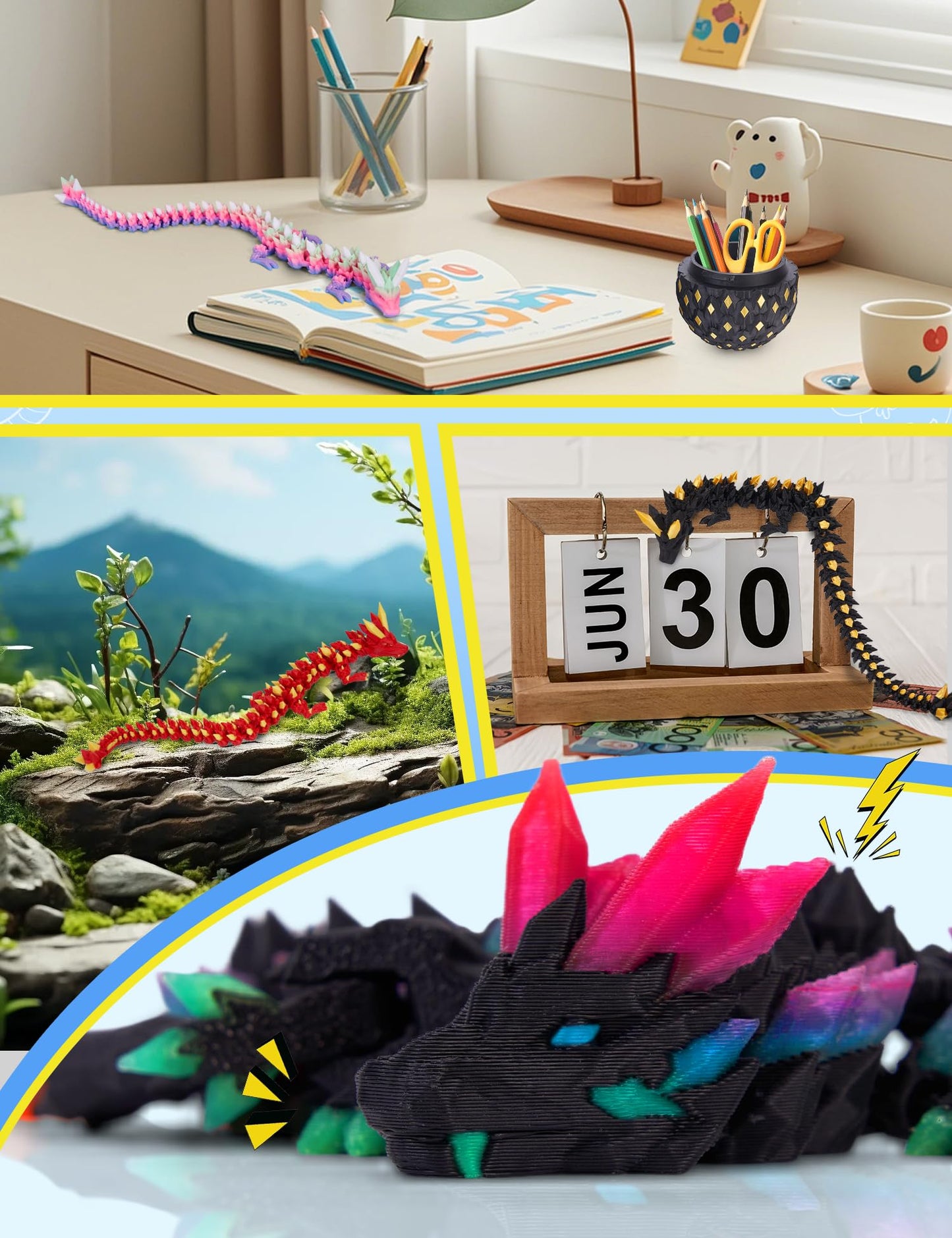 YILCER 3D Printed Glow-in-the-Dark Dragon Eggs with Wings, Articulated Fidget & Dinosaur Toys for Teens, Boys & Girls â Rainbow