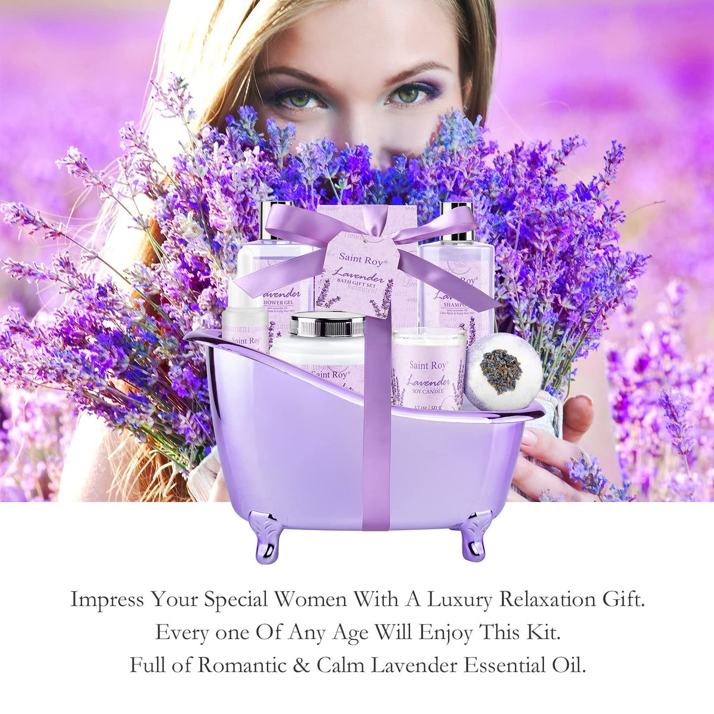 Lavender Spa Gift Basket for Women – Bath Set with Shower Gel, Home Spa Kit, Relaxing Gifts for Mom, Christmas & Mother's Day