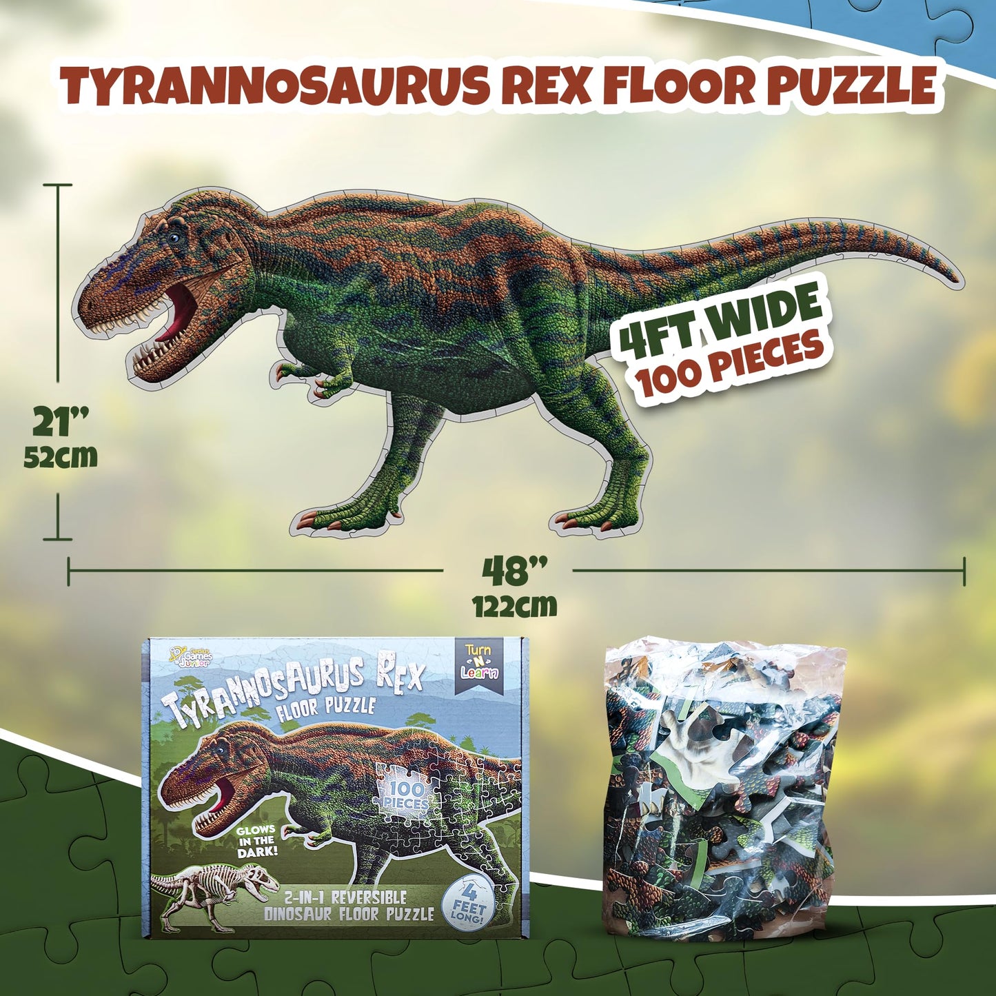 Tyrannosaurus Rex 100-Piece Double-Sided Jigsaw Puzzle – Glow-in-the-Dark Skeleton, 4ft Dino Illustration, Educational Toy for Kids