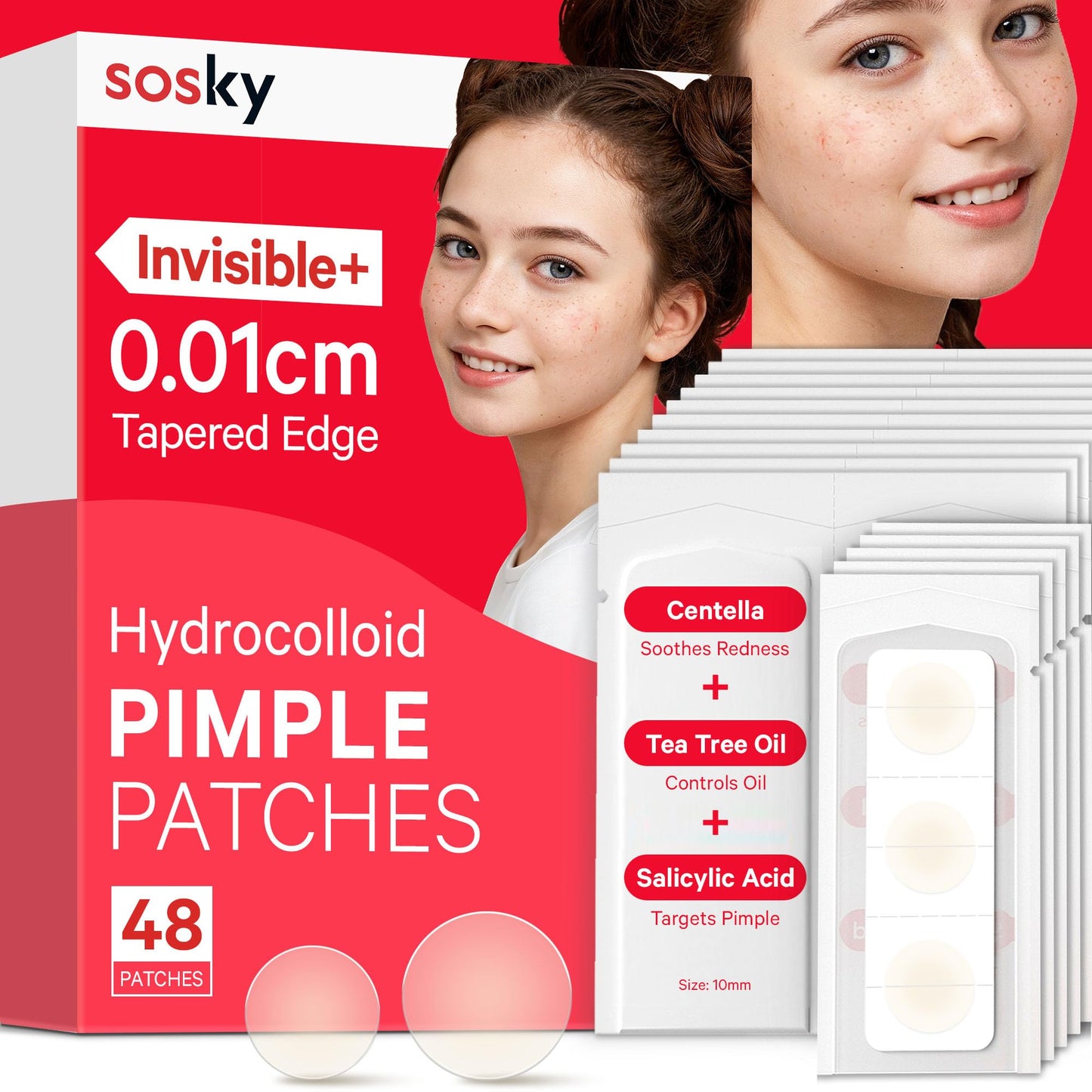 Sosky Invisible Hydrocolloid Acne Patches with Salicylic Acid – Pimple & Blemish Cover Stickers for Face, 48 Count, HSA Eligible