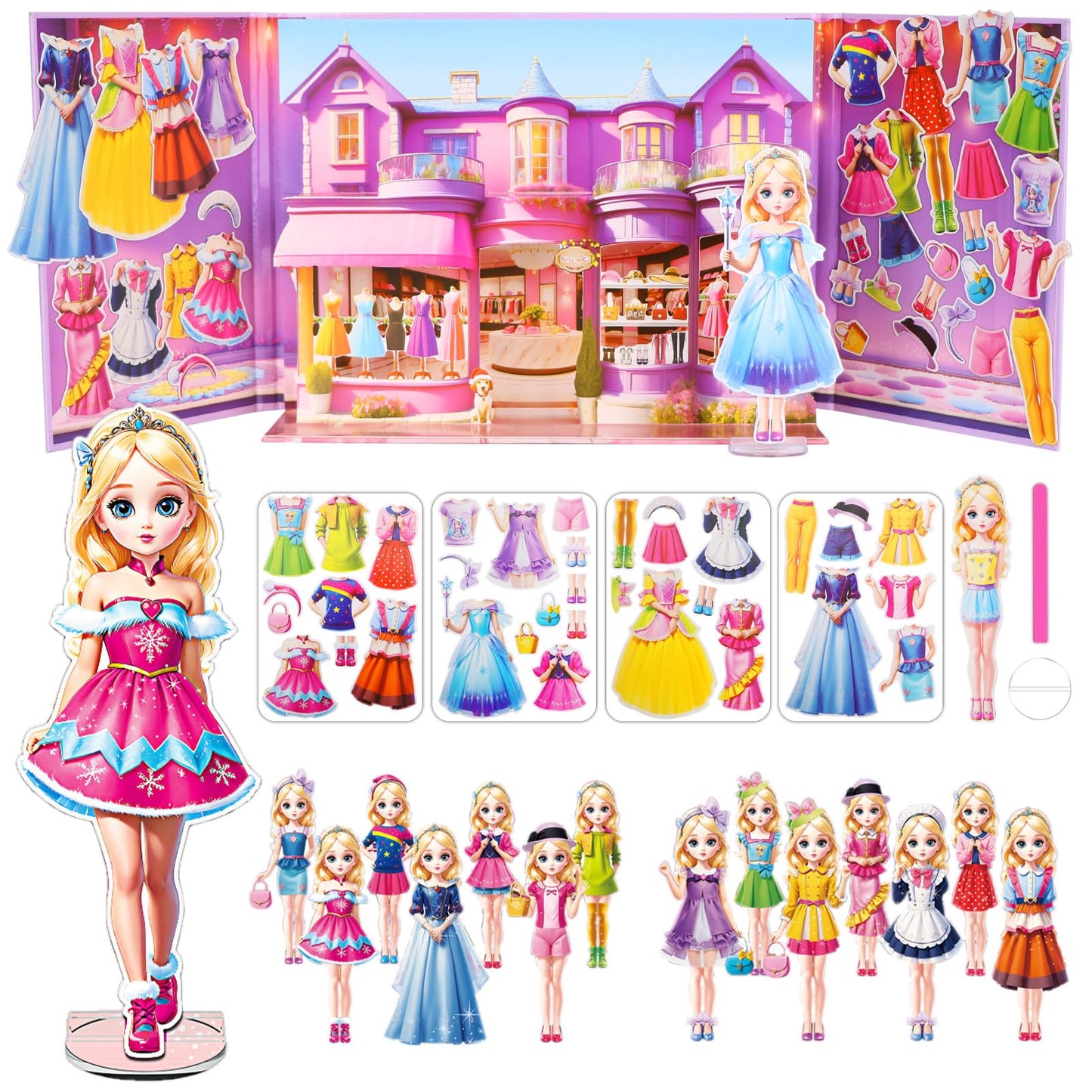 Yuzee Princess Magnetic Dress Up Set for Girls 4-7 – 35-Piece Paper Dolls, 3D Wardrobe Scene, Travel Role Play Toy