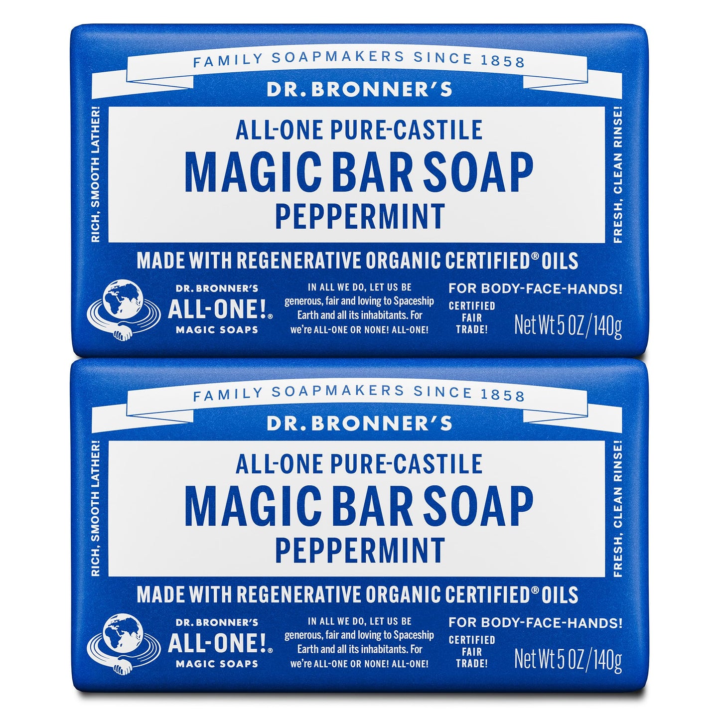 Dr. Bronner’s Peppermint Pure-Castile Soap Bars, 5 oz 2-Pack – Organic, Vegan, Non-GMO, Gentle for Face & Body, Men & Women