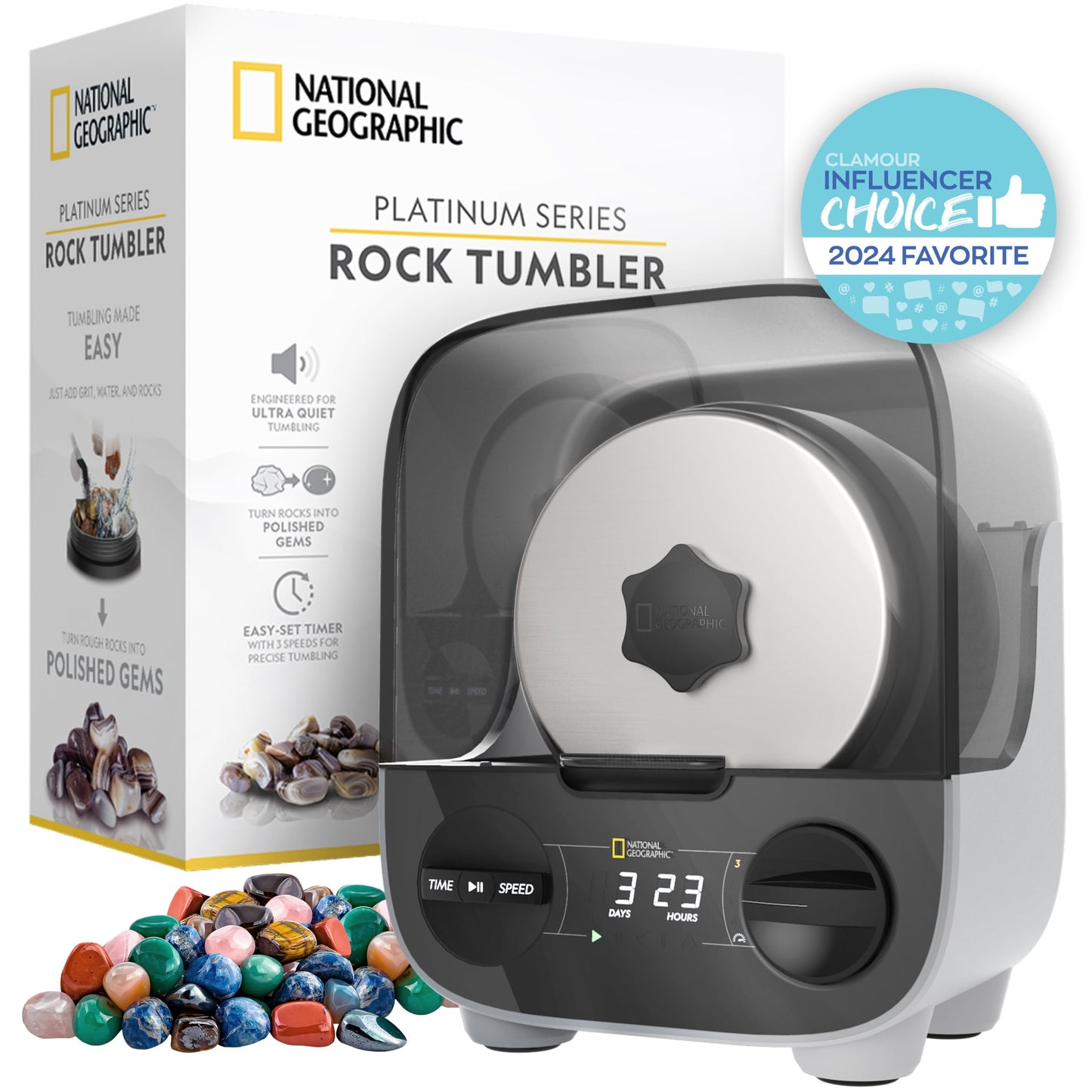 National Geographic Platinum Series Rock Polisher Kit - Ultra Quiet 2 lb Barrel Tumbler with Rocks, Grit & GemFoam for Kids & Adults