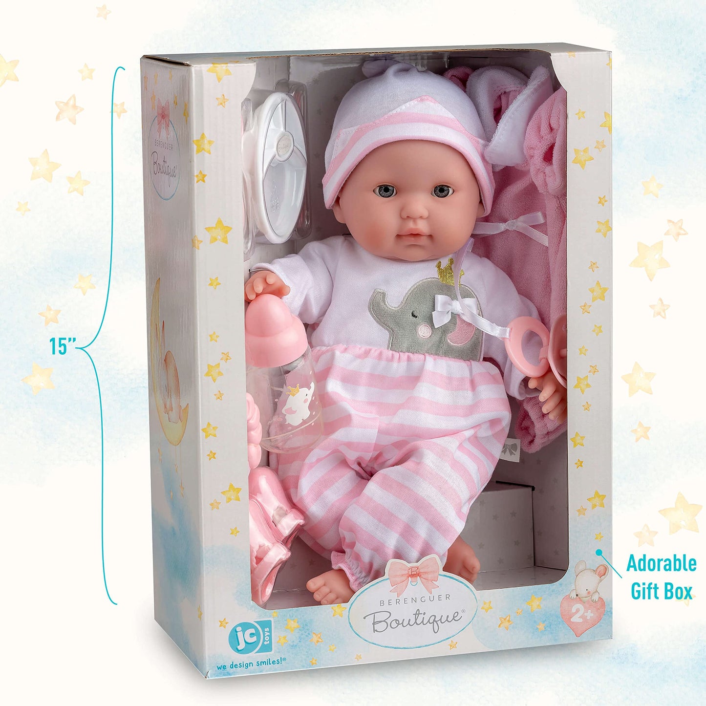 15" Realistic Baby Doll with Open/Close Eyes - JC Toys Berenguer Boutique, 10-Piece Gift Set with Bottle, Rattle & Pacifier, Pink, Ages 2+