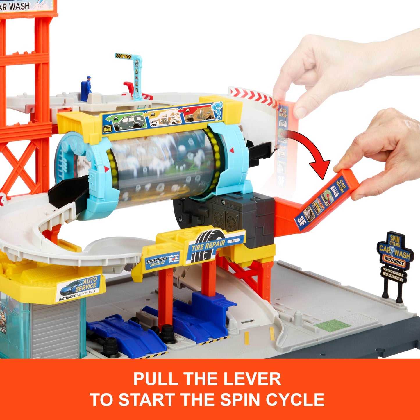 Matchbox Toy Car Track Set, Spin Cyclone Car Wash Playset with 1:64 Scale Corvette & Tow Truck, Features Spinning Wash Tunnel, Tune-Up Shop & Parking