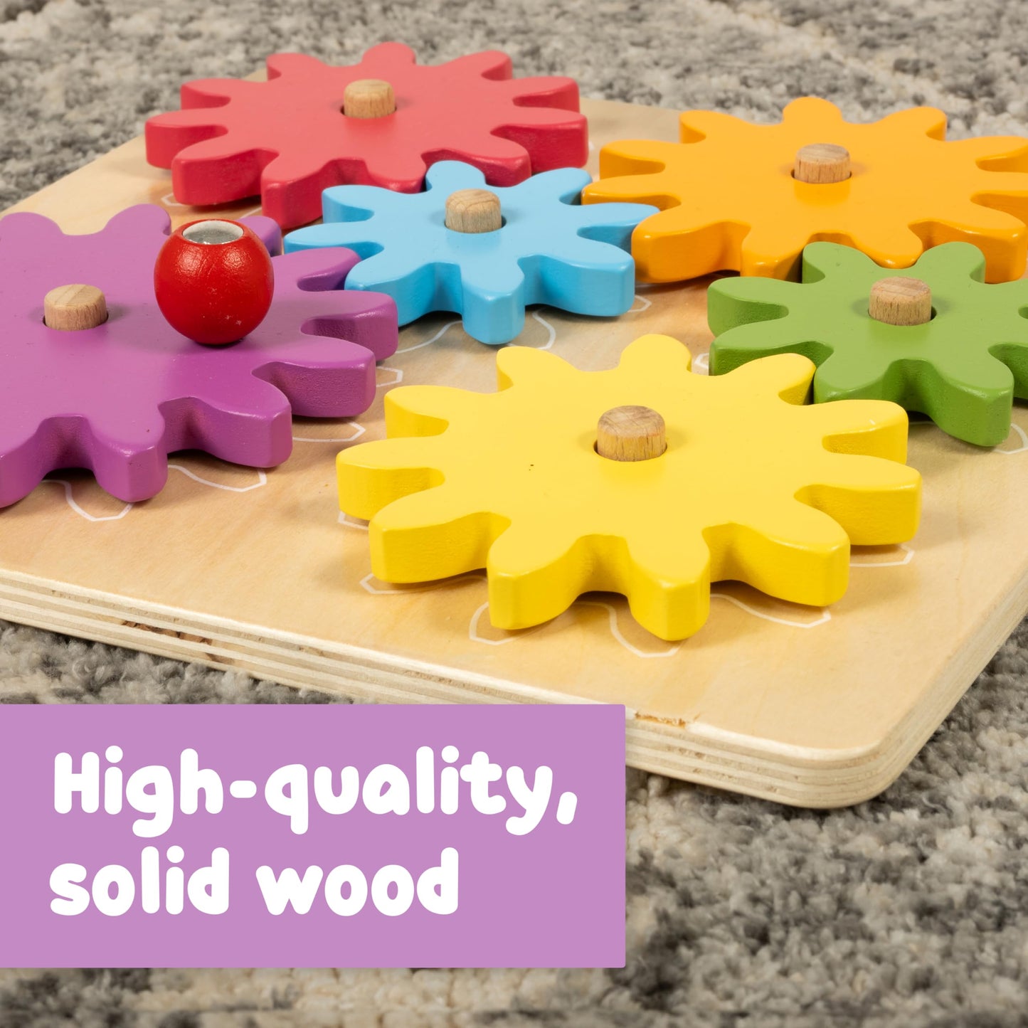 SPARK & WOW Spinny Gears | Wooden Gear Board with 6 Pieces in 3 Sizes | Cause and Effect Toys | Create Colorful, Spinning Combinations