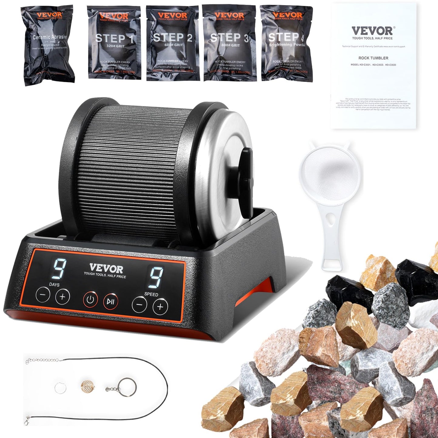 VEVOR 2.5 lbs Rock Tumbler Kit – 9-Speed, 9-Day Stone Polisher with Rough Gemstones & Polishing Grits for Adults & Kids