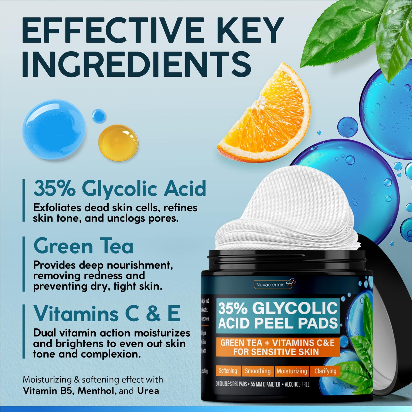 NUVADERMIS 35% Glycolic Acid Peel Pads – Exfoliating Treatment for Acne, Blackheads & Dark Spots – Gentle Resurfacing for Sensitive Skin – 60 Pads