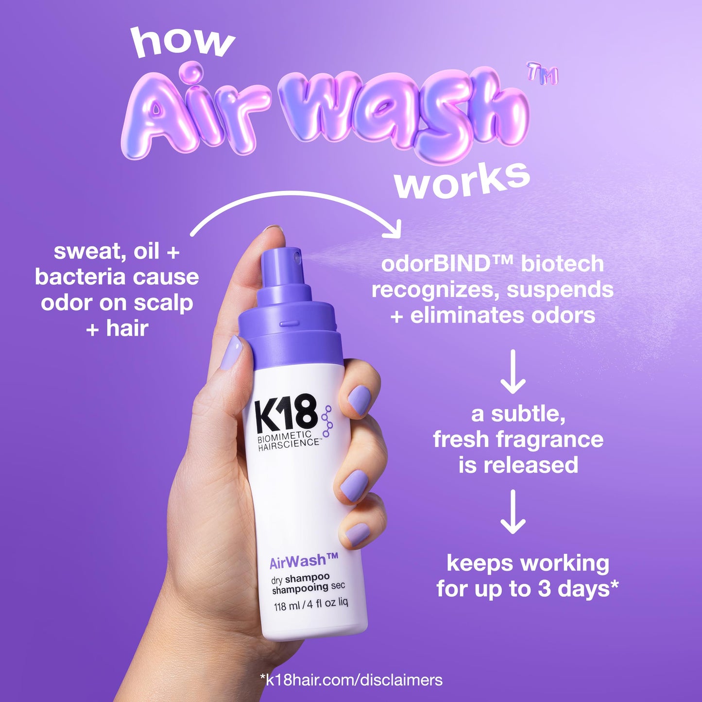 K18 AirWash™ Dry Shampoo, Non-Aerosol, Balances Scalp & Controls Excess Oil Production, 4 Fl Oz