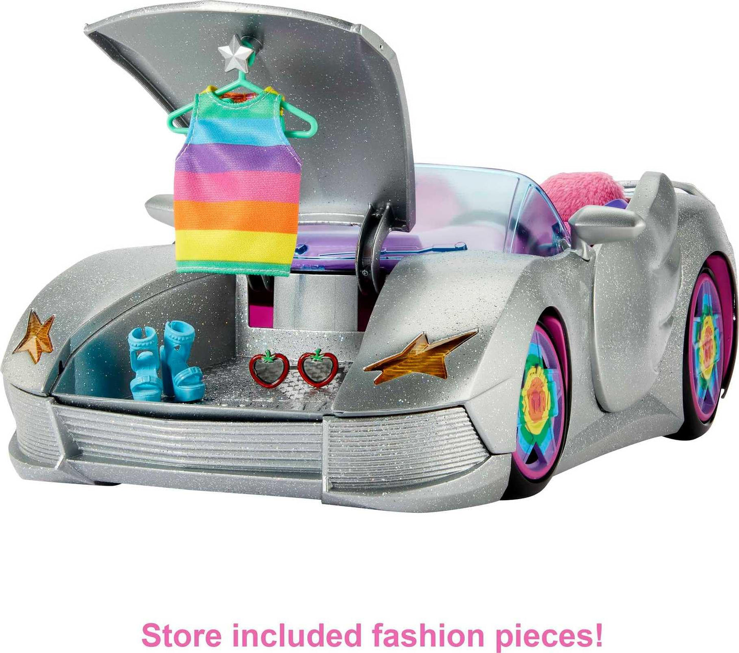 Barbie Extra Toy Car with Fashion Accessories & Puppy, Sparkly Silver 2-Seater Convertible with Hood Storage & Pet Pool, Sized for Fashion Dolls