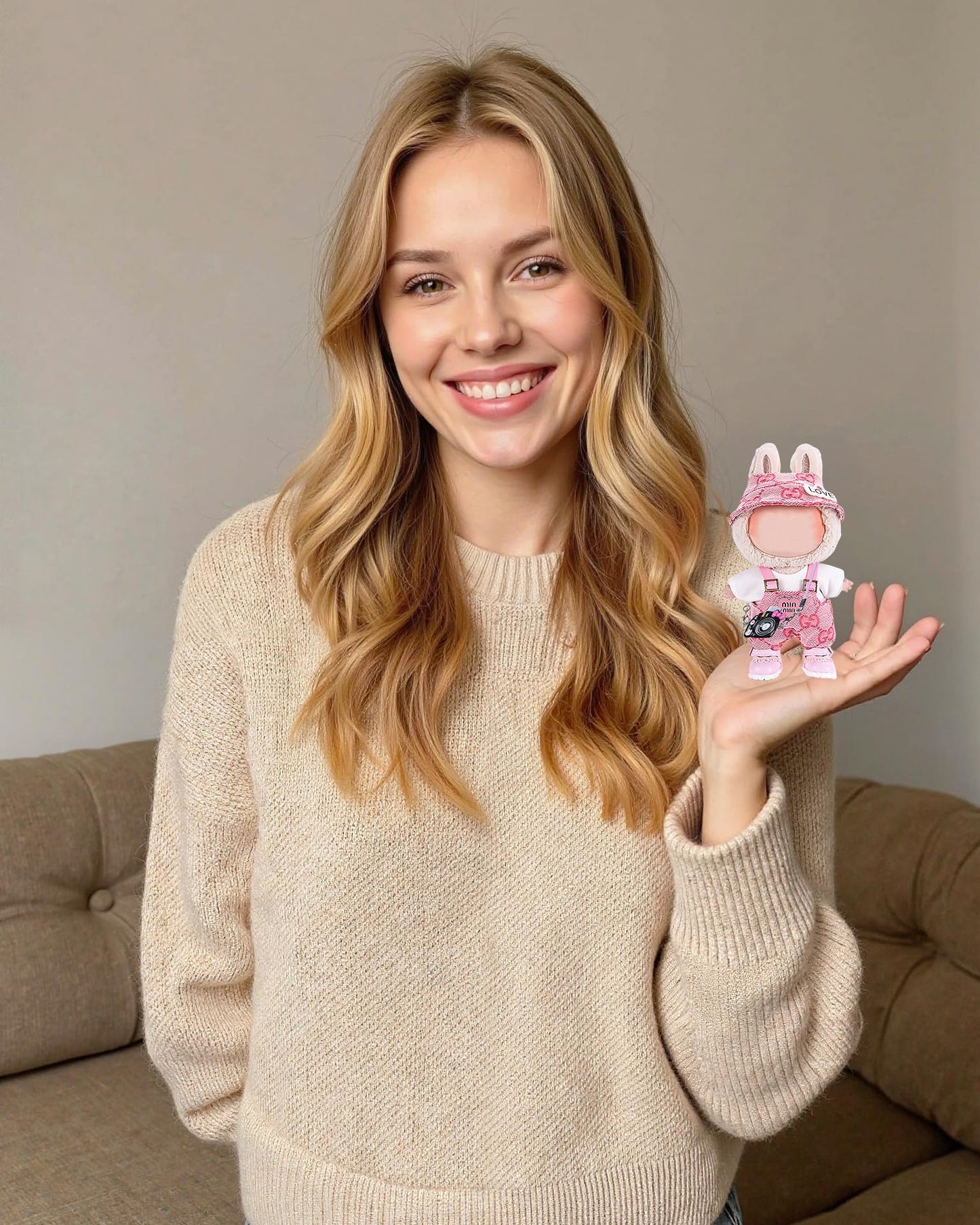 Ariker 4-Piece Doll Clothes Set for 15-17cm Labubu Dolls – Pink Outfit with Top, Overalls, Hat & Handbag (No Doll/Shoes) AK060PK