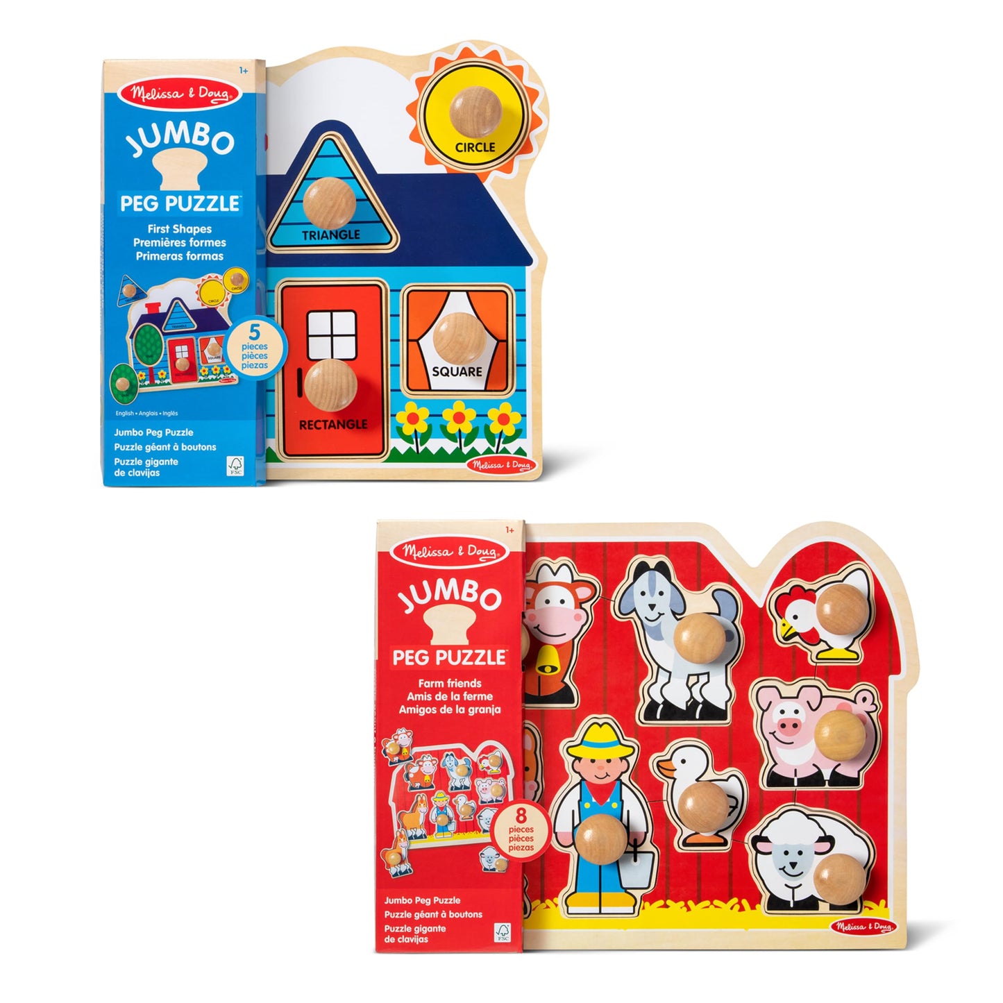 Melissa & Doug Wooden Jumbo Knob Puzzle 2-Pack for Baby and Toddler Boys and Girls – Large Farm, First Shapes