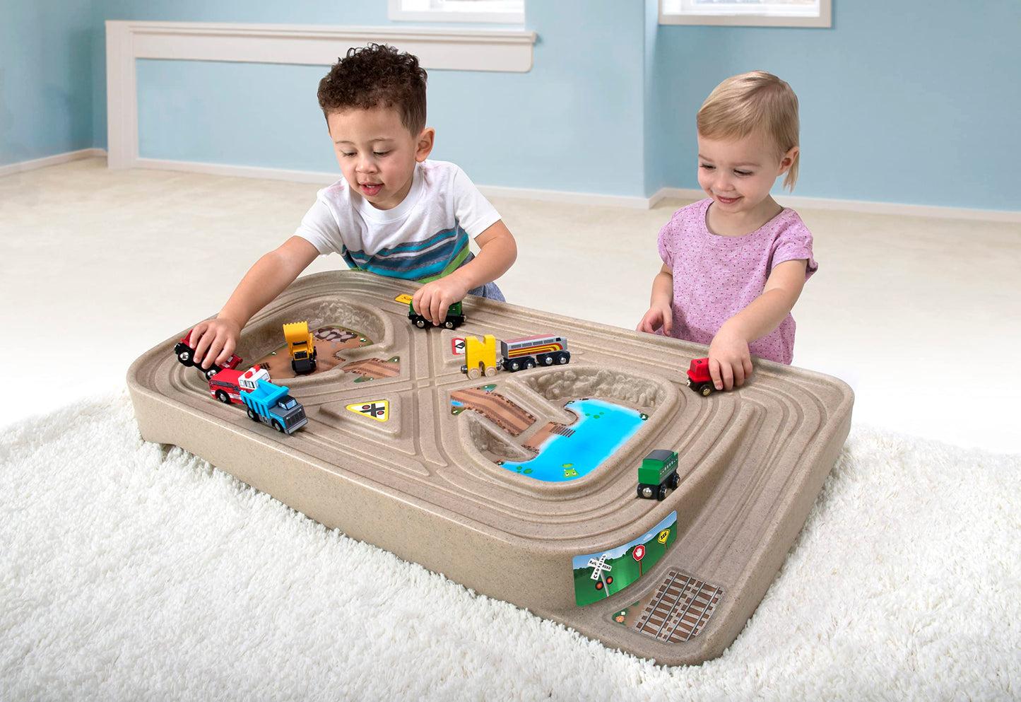 Simplay3 Portable Carry and Go Kids Race Track Toy Car Train Table, 2-Sided No Assembly for Children 3 4 5 6 7 Years Old Boys Girls, Made in USA