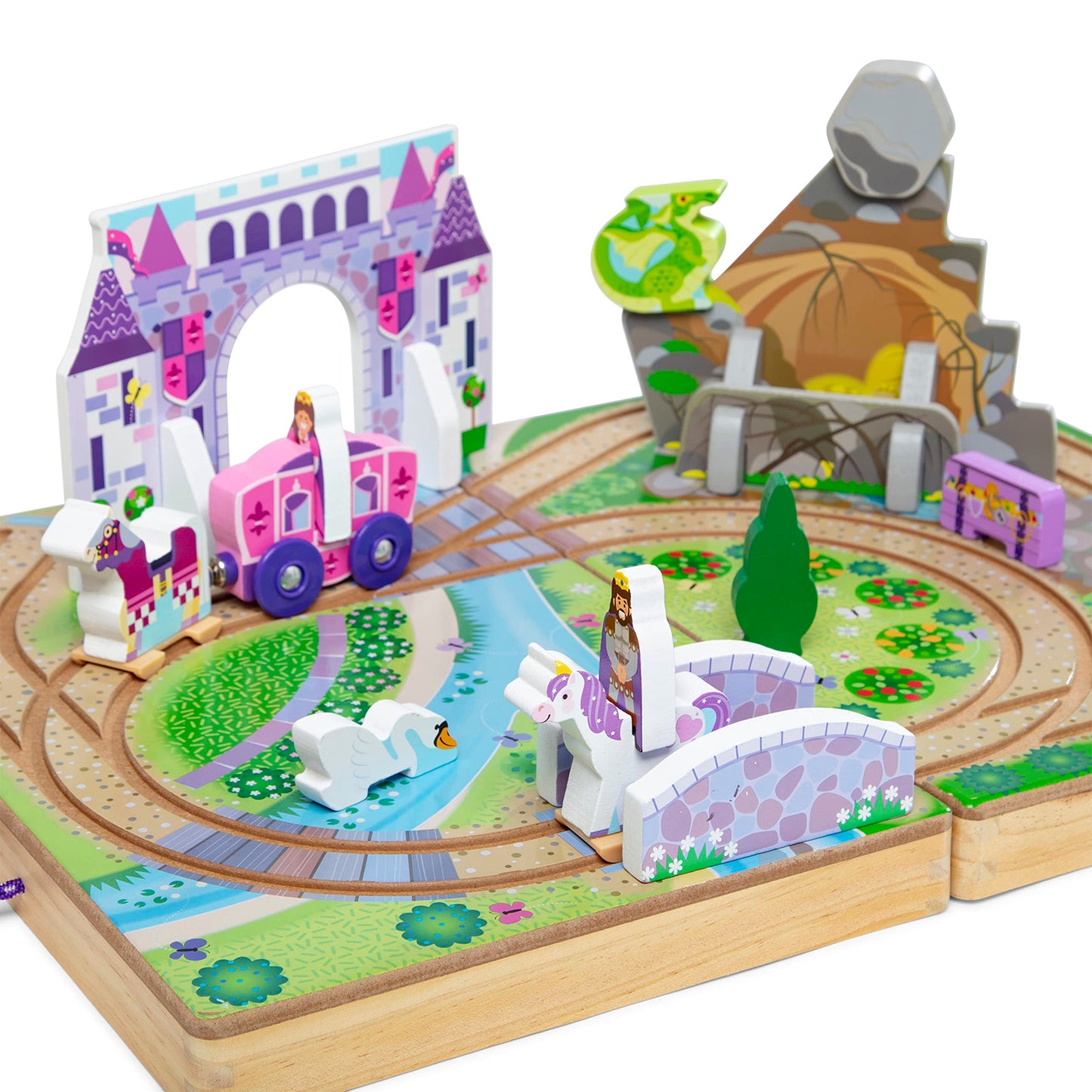 Melissa & Doug 19-Piece Wooden Take-Along Tabletop Kingdom – Carriage, Horse, Unicorn, Dragon, More