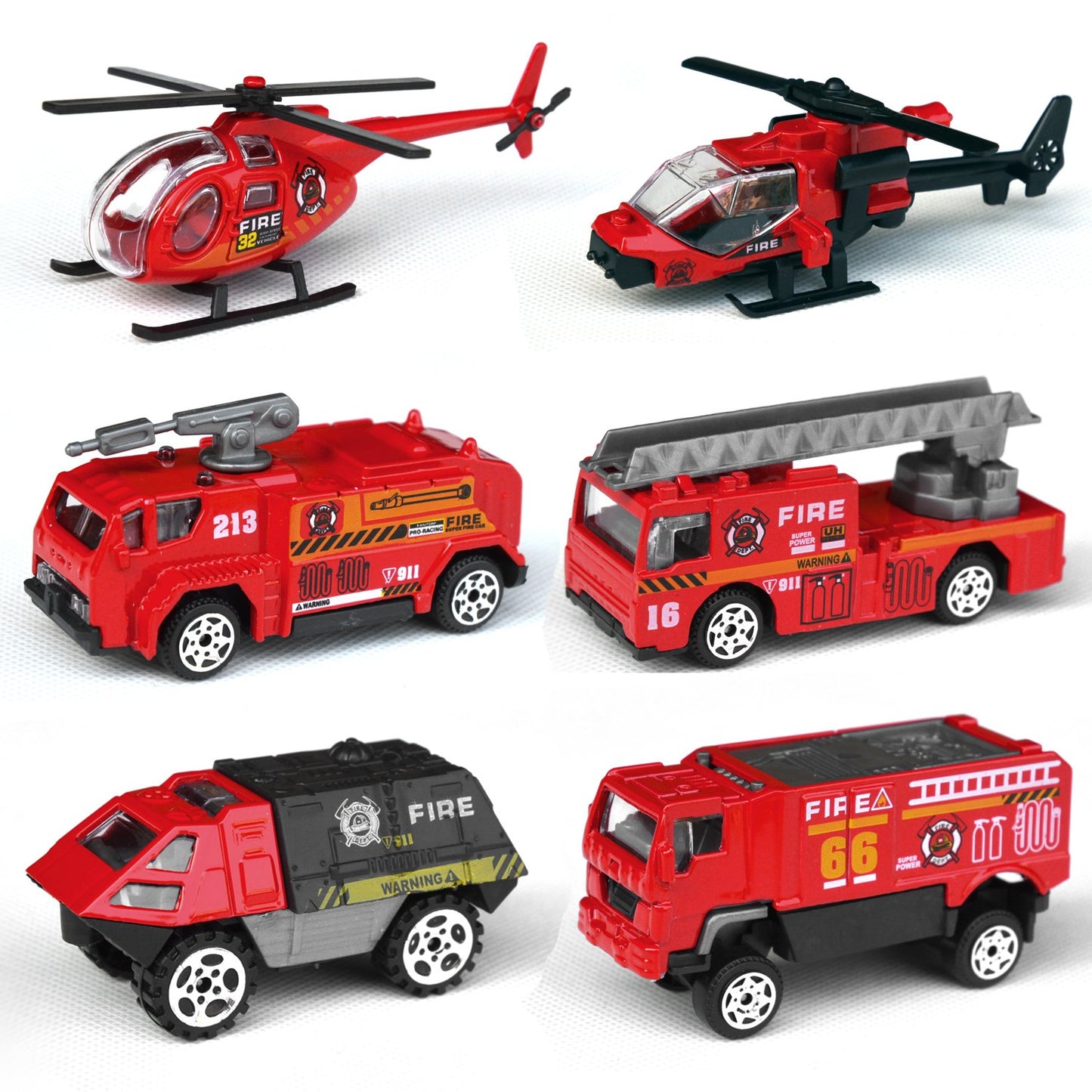 Tianmei 6-in-1 Fire Rescue Vehicle Set, 1:87 Alloy Diecast Cars & Helicopter, Fire Truck, Ambulance Toy Collection for Kids (6 Pieces)