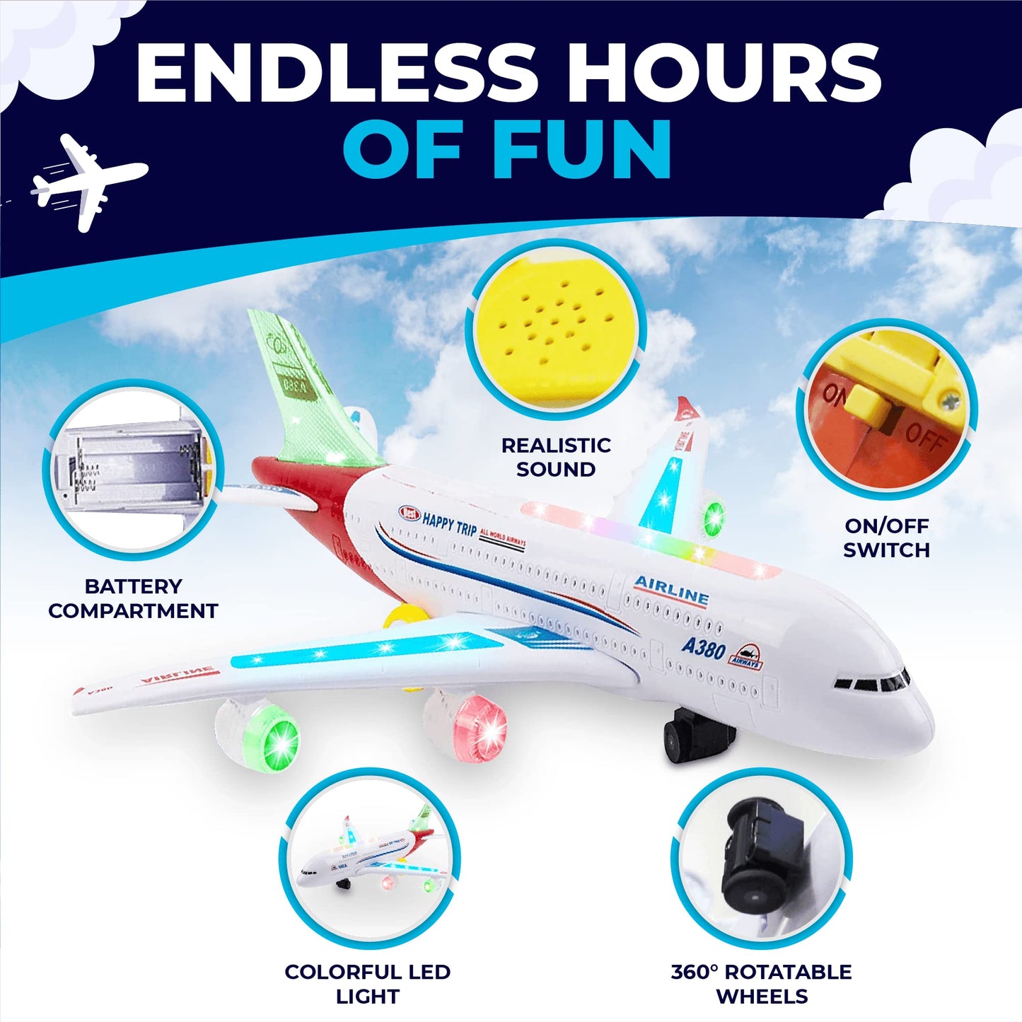 Toysery Airplane Toy for Kids – Bump & Go Action Plane with LED Lights & Sounds, Airbus A380, Toddler Toy for Boys & Girls 3-12 Years