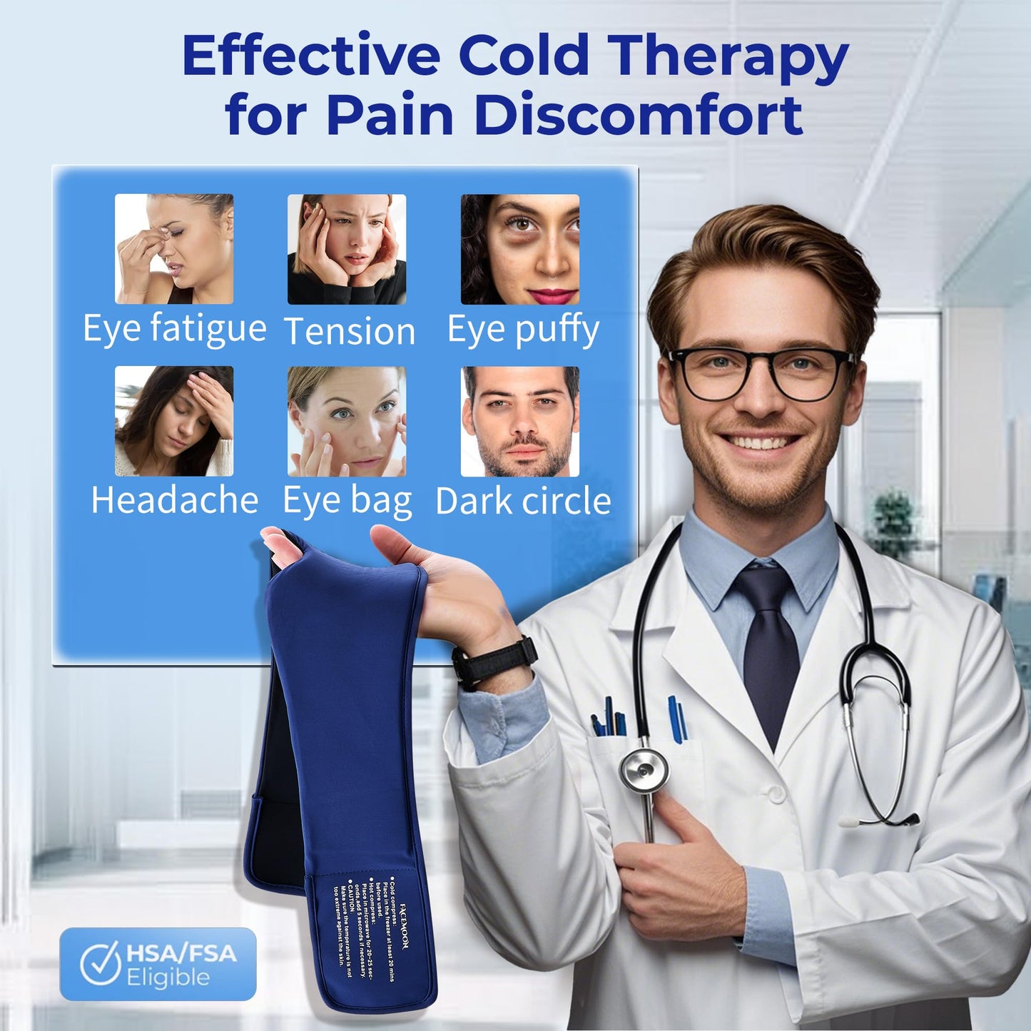 Cooling Gel Eye Mask for Puffy Eyes & Migraine Relief, Reusable Cold Compress, Dark Circles, Post-Surgery, Flexible Ice Pack (Blue)