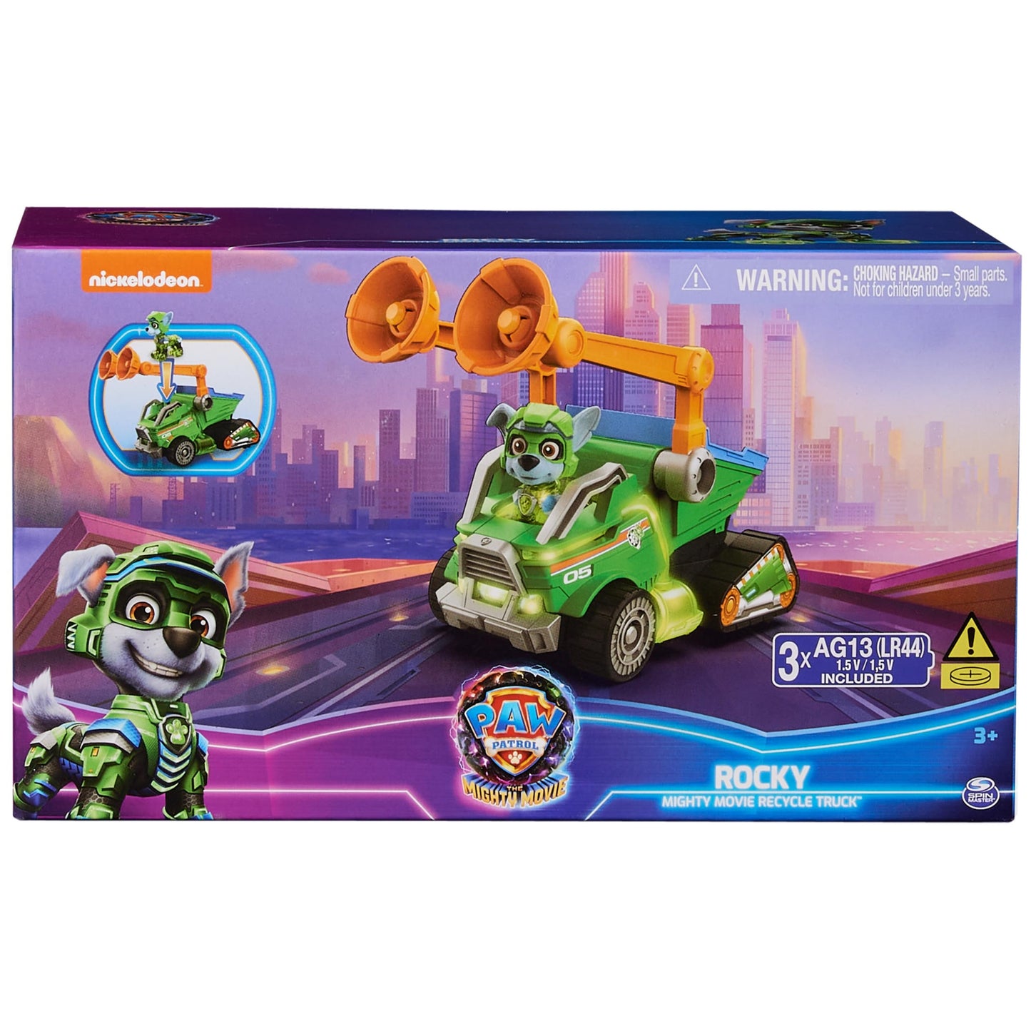 Paw Patrol: The Mighty Movie, Toy Garbage Truck Recycler with Rocky Mighty Pups Action Figure, Lights and Sounds, Kids Toys for Boys & Girls 3+