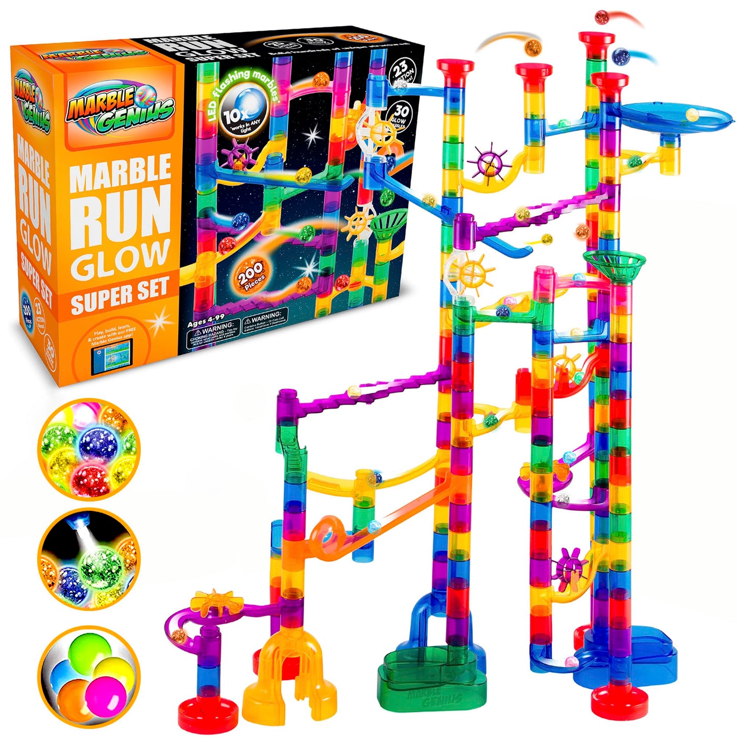 Marble Genius Marble Run Track - 200-Piece, Multicolor, Space Theme - Glow-in-The-Dark Marble Set & STEM Building Toy & Race Track for Ages 4+