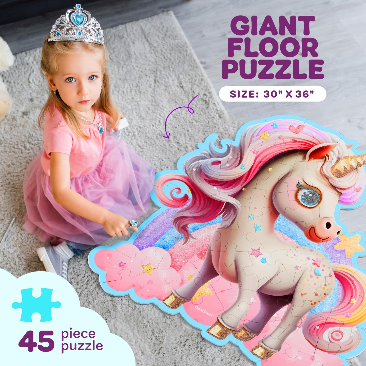Dan&Darci Jumbo 45-Piece Shimmery Unicorn Floor Puzzle for Kids Ages 3-6 – Large Toddler Puzzle, Easter & Birthday Gift for Girls