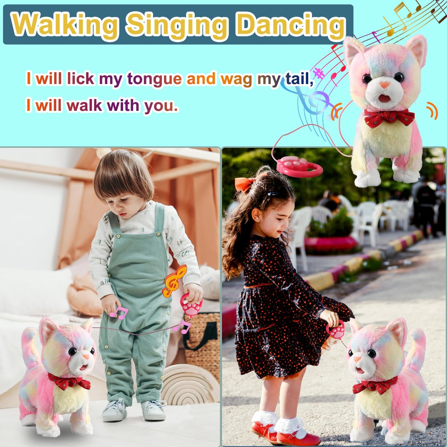 Interactive Talking & Dancing Cat Toy – Colorful Leash, Singing, Voice Control, Mimics Speech, Plush Electric Kitty for Kids & Girls