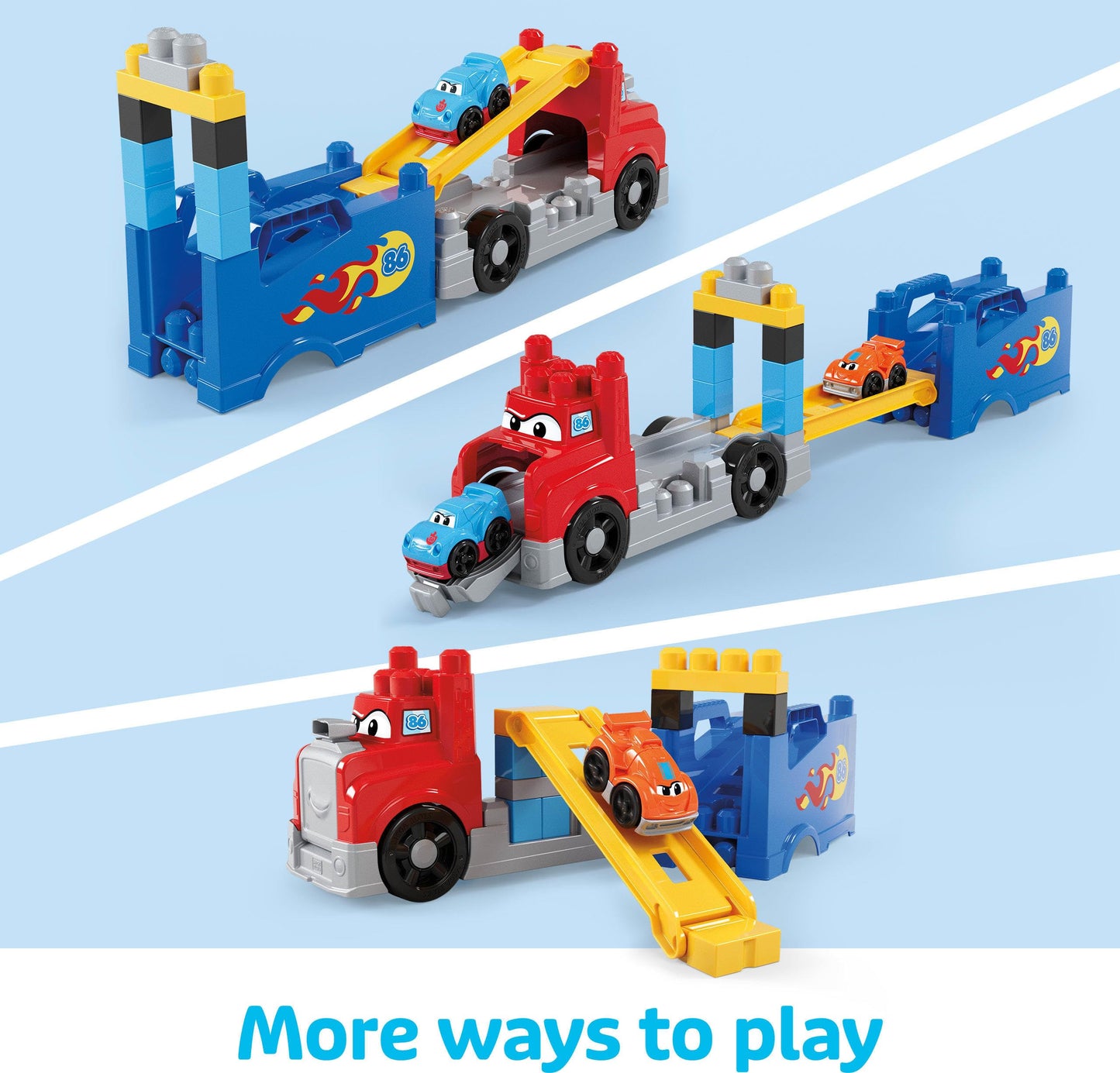 MEGA BLOKS First Builders Toddler Building Blocks Toy Set, Build & Race Rig with 19 Pieces, 2 Race Cars and Storage, Red, Ages 1+ Years