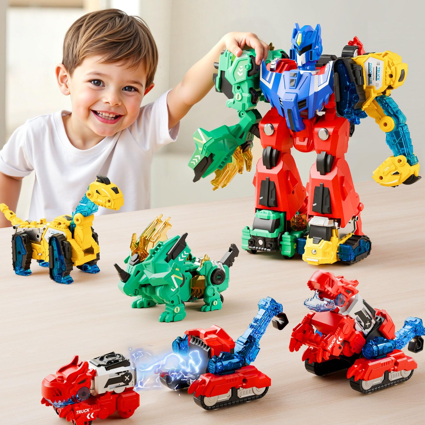 iPlay iLearn Kids Dinosaur Transforming Robot Toy – Magnetic STEM Trucks Turn into Dinosaurs, Educational Learning & Birthday Gift for Ages 3-8