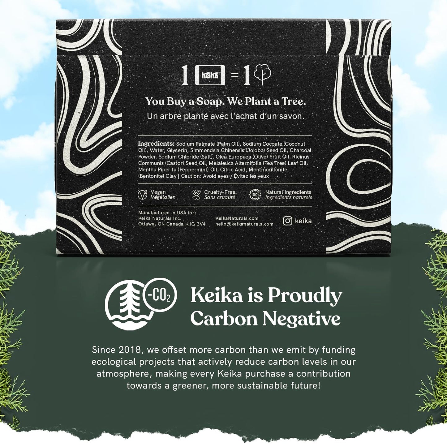 Keika Charcoal Black Soap Bar for Eczema, Psoriasis, Face, Body, Men Women Teens with Oily Skin, 5 oz.