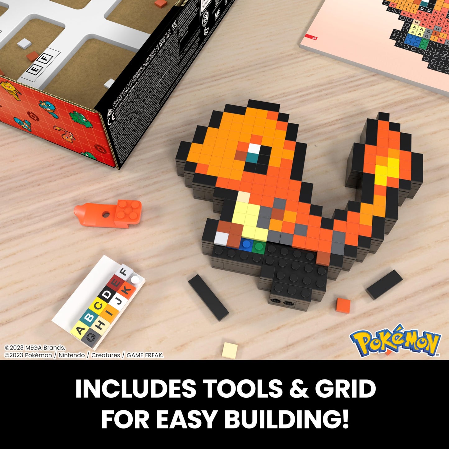 Mega Pokémon Glumanda HTH76 - Buildable Retro Pixel Art Figure with Wall Mount Base for Adult Builders and Collectors