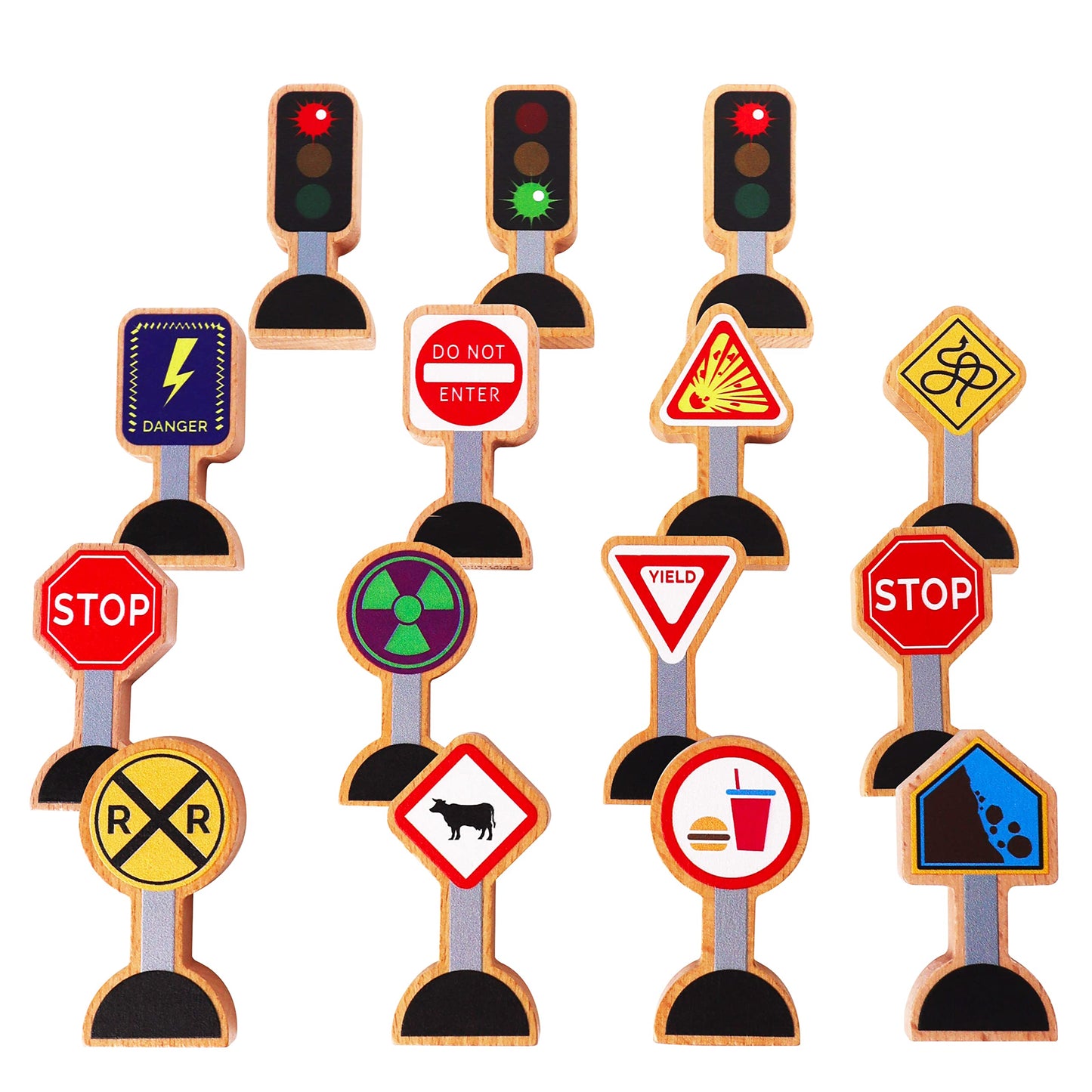 15-Piece Wooden Traffic Signs for Kids – Play Mats, Toy Cars & Trains, Educational Road Signs, Zany Trains Series 2