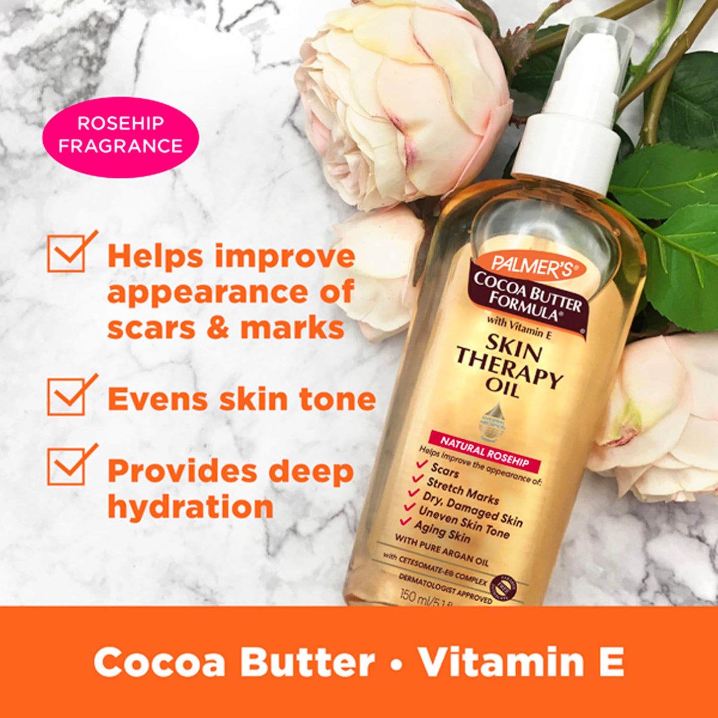 Palmer's Cocoa Butter Formula Skin Therapy Moisturizing Body Oil with Vitamin E, Rosehip Fragrance, 5.1 Ounces