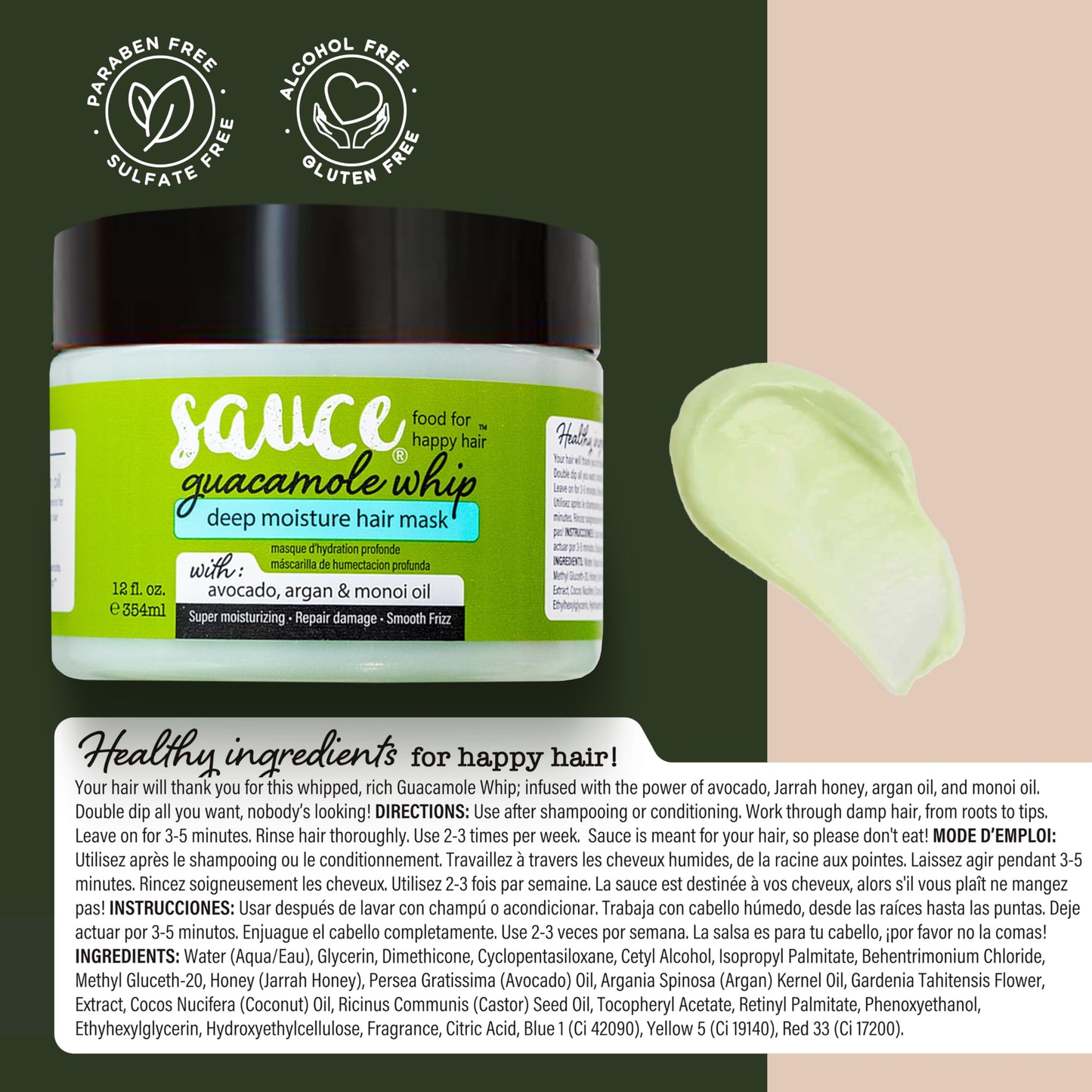 SAUCE BEAUTY Guacamole Whip Deep Conditioning Hair Mask w/ Avocado, Honey & Argan Oil – Restores Dry, Damaged & Frizzy Hair, 12 Fl Oz