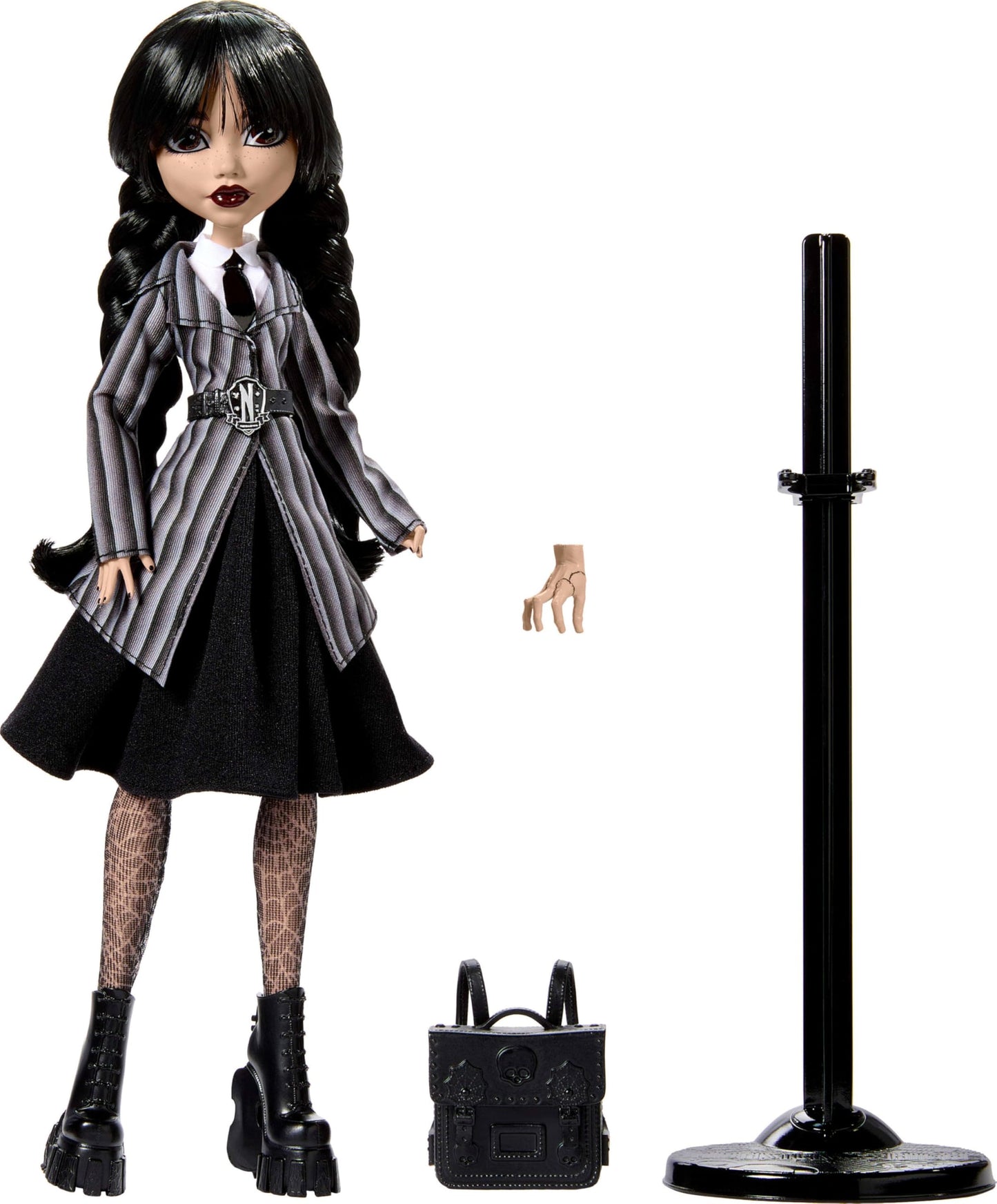 Monster High Wednesday Doll and Accessories, Wednesday Addams Collectible in Nevermore Academy Uniform with Thing and Backpack, Doll Stand