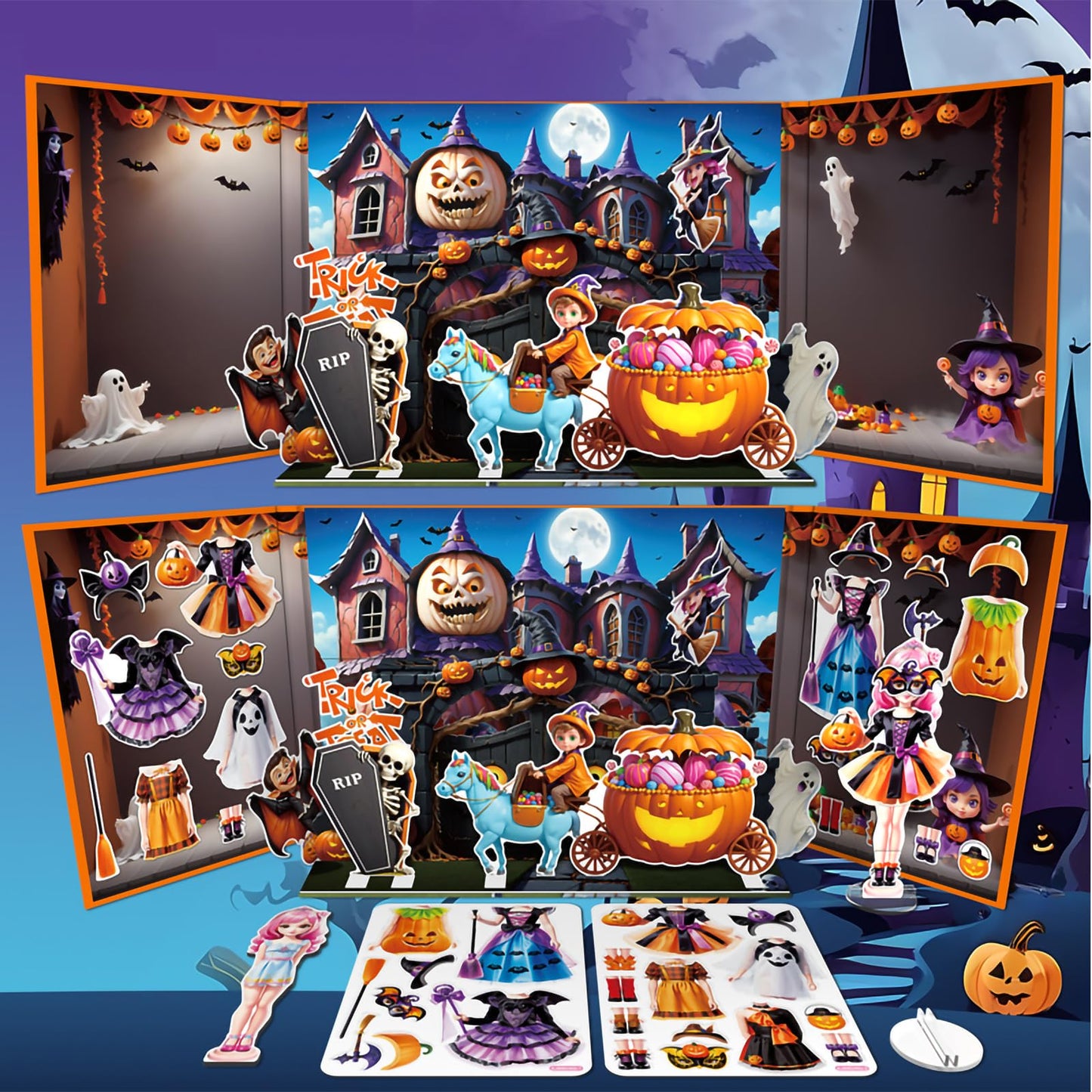 Halloween Magnetic Dress-Up Dolls for Kids โ Witch & Pumpkin Fairy Costumes with 3D Haunted House Scene, Travel Toy Gift Ages 3-7
