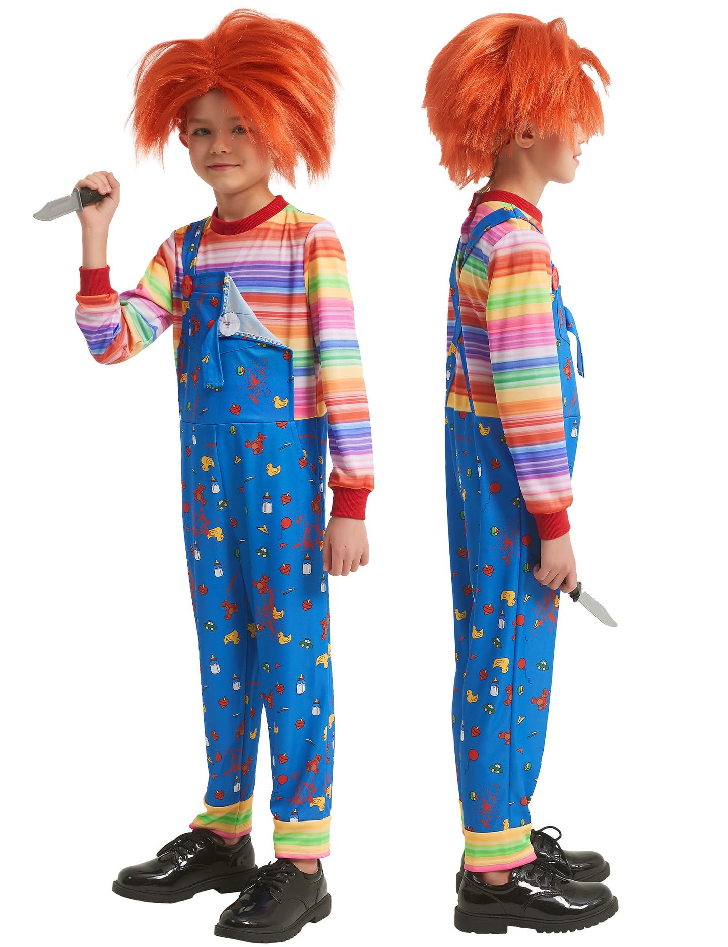 Zeepair Kids Scary Doll Costume Set Horror Killer Toy Outfit with Striped Jumpsuit Wig Prop Knife for Halloween Cosplay Party M