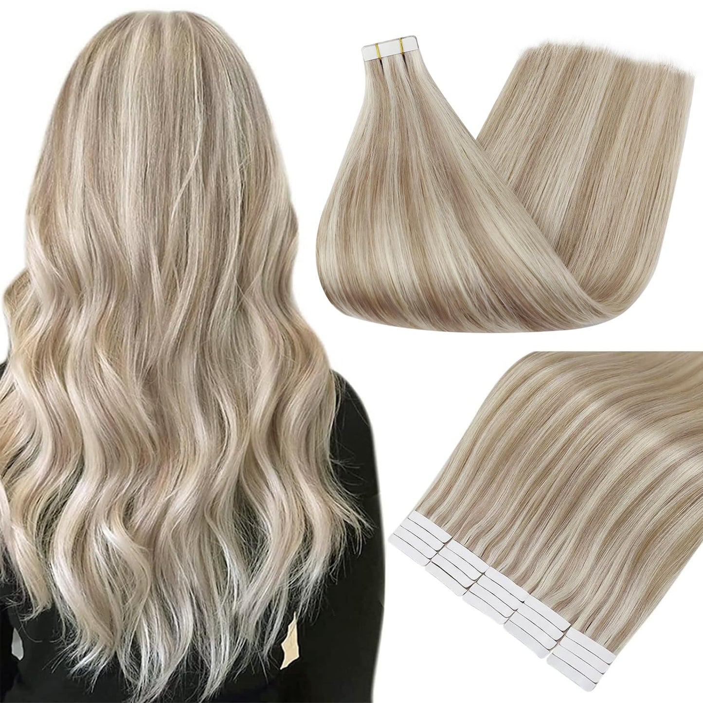 Full Shine 18" Tape in Hair Extensions Human Hair – Remy Invisible Seamless Extensions, Color 18/613 Ash Blonde & Platinum Blonde, 20pcs 50g