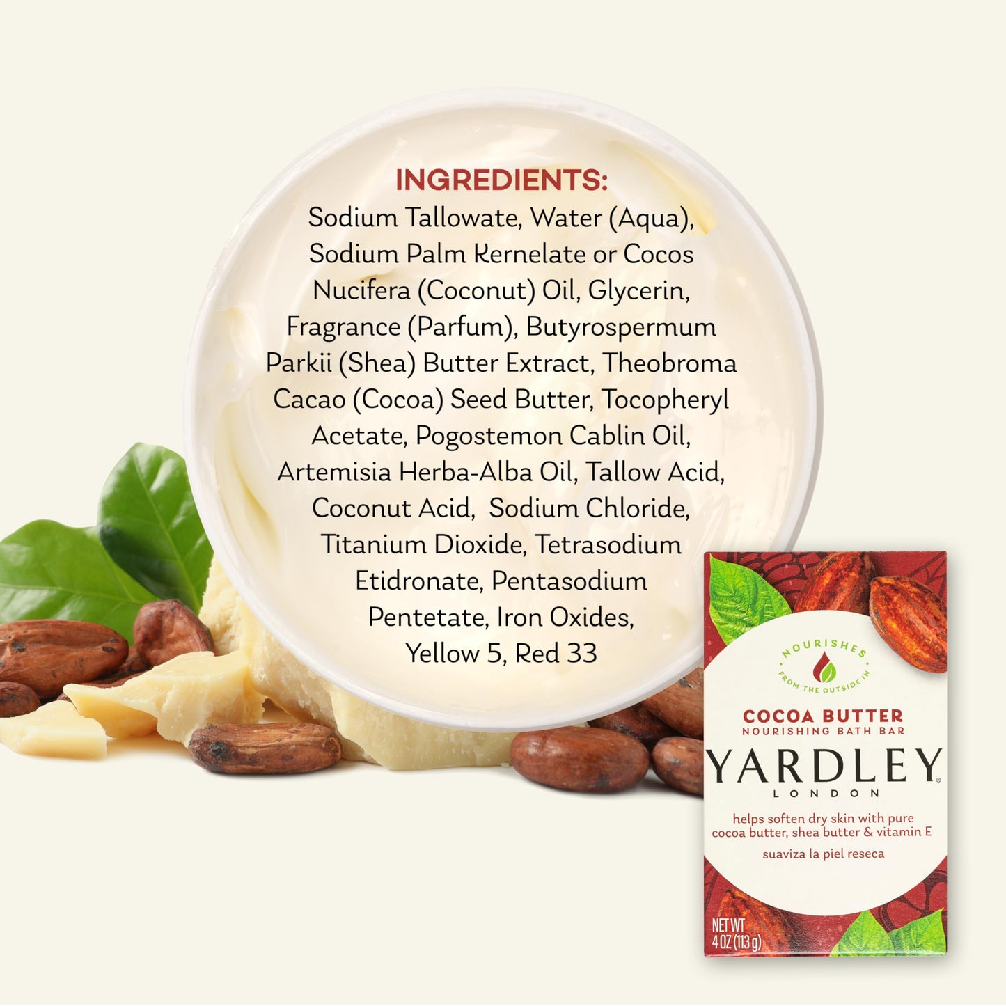 Yardley London Cocoa Butter Bath Soap Bar 4 oz – Nourishing Bar with Shea Butter & Vitamin E, Softens Dry Skin, Single Soap Bar