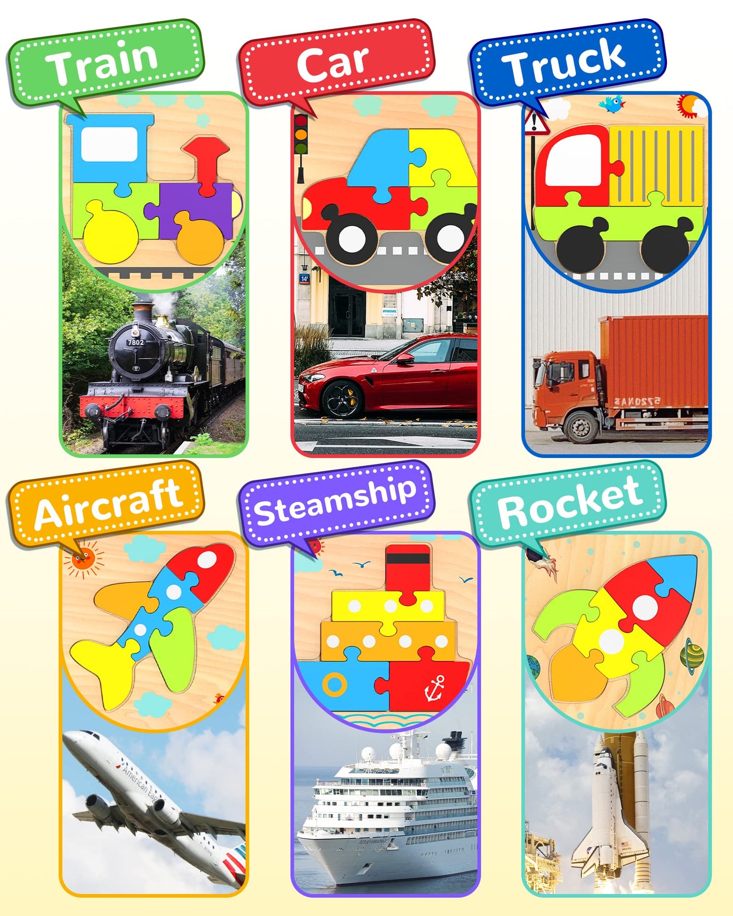 Yetonamr Wooden Toddler Puzzles – 6 Vehicle Shape Montessori Educational Toys for Boys & Girls Ages 1-4, Learning & Gift Toy for Kids