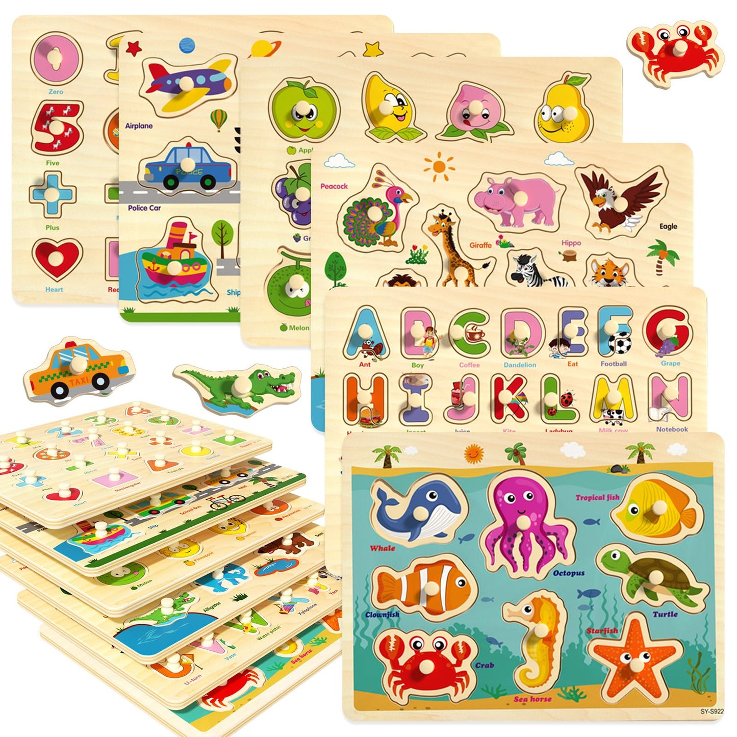 edutree Wooden Peg Puzzles for Toddlers – 6-Pack Montessori Educational Toys with Alphabet, Numbers, Animals, Vehicles & Shapes for Ages 1-5