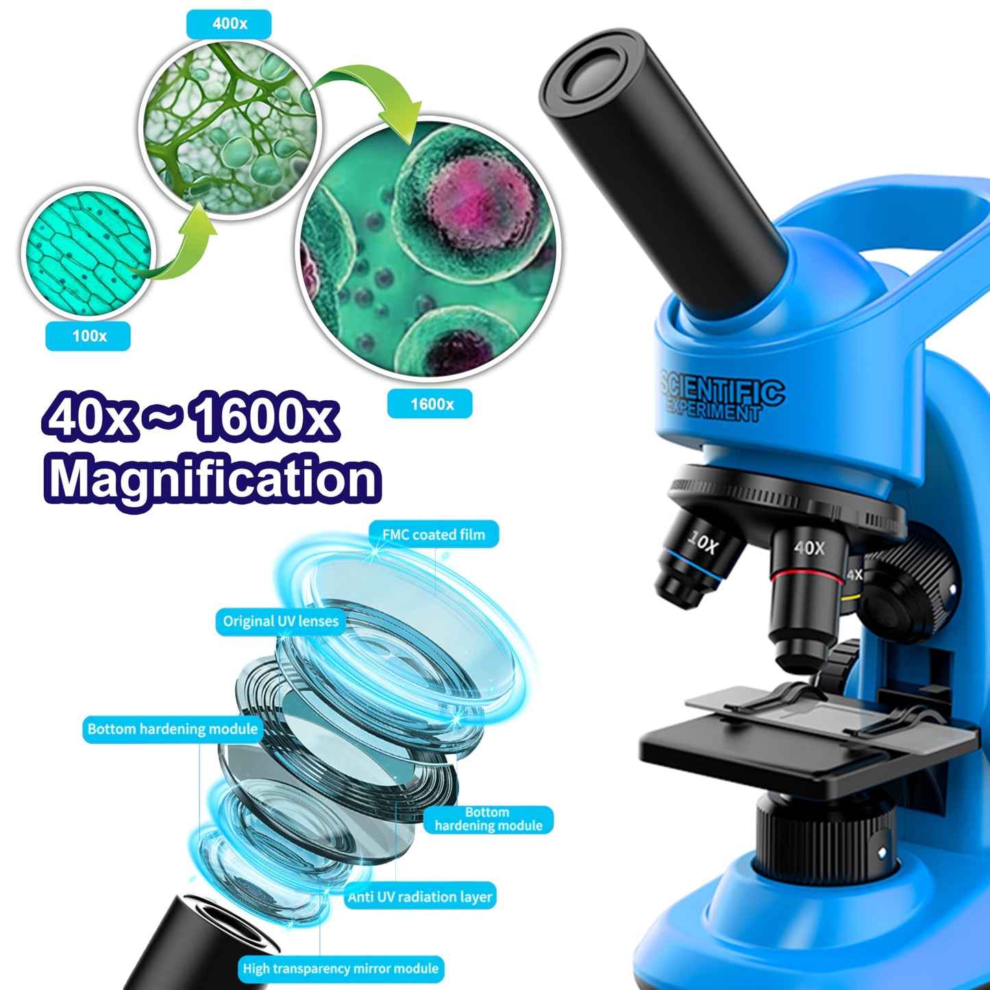 Kids Microscope Kit 40-1600x for Beginners, STEM Science Toy with LED Light, Prepared Slides & Tools for Ages 6-12