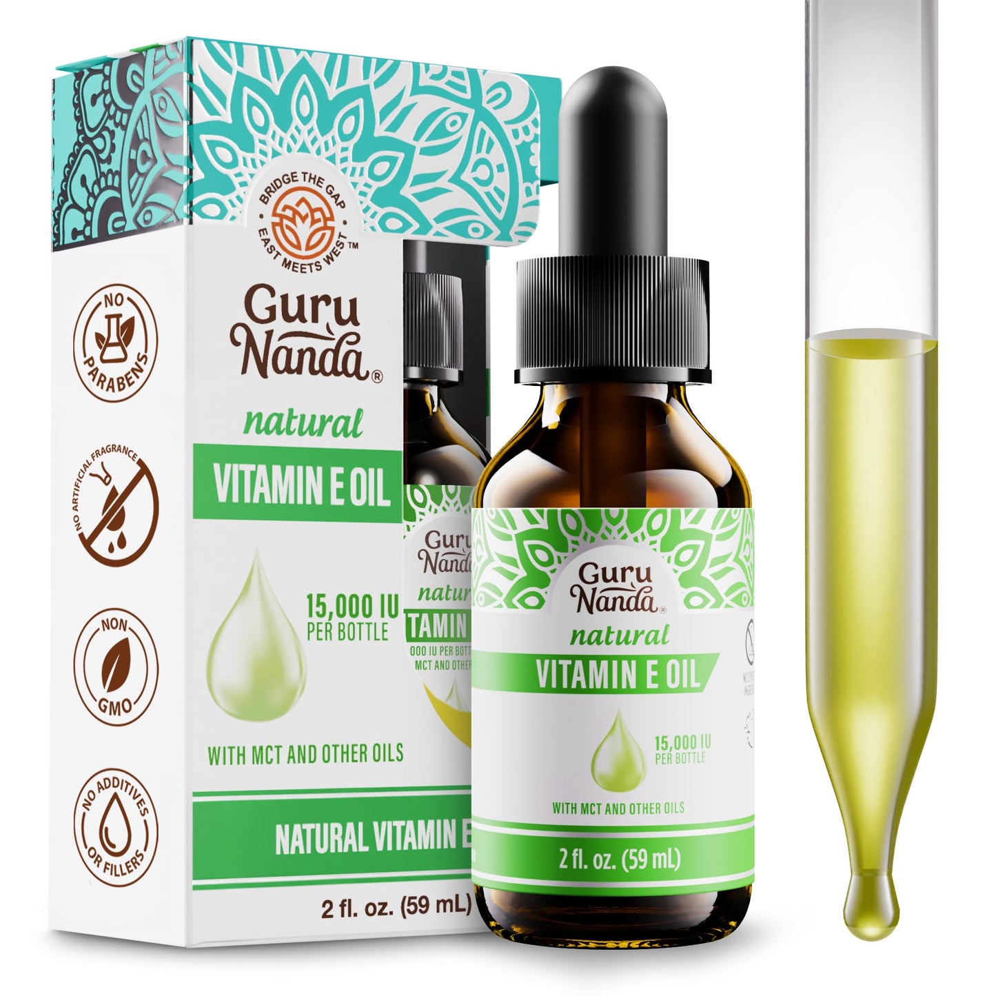 GuruNanda Vitamin E Oil 2 fl oz – 15,000 IU, Pure & Natural with Coconut Oil for Skin, Hair, Nails & Scars, Non-GMO & Vegan