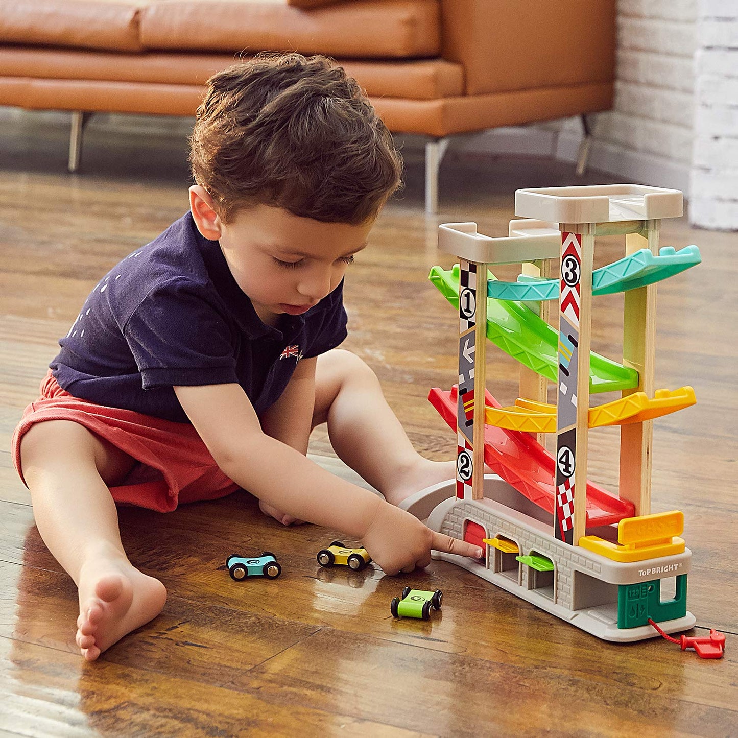 TOP BRIGHT Car Ramp Toy for 2 3 Year Old Boy Gifts, Toddler Race Track Toy for 18 Month Old with 4 Wooden Cars and 3 Car Garage