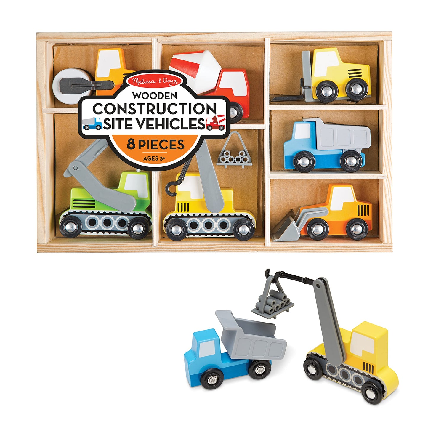Melissa & Doug Wooden Construction Site Vehicles with Wooden Storage Tray (8 pcs)