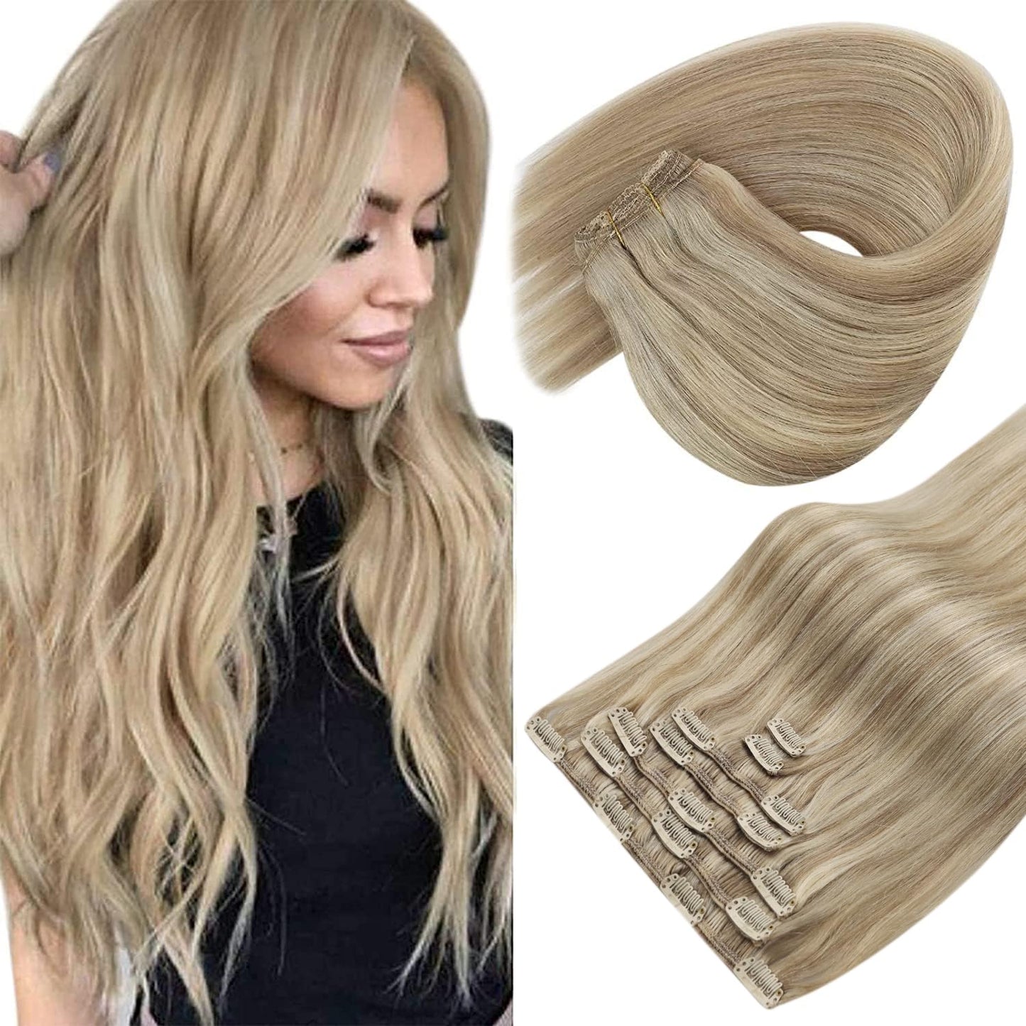 Sunny Clip-in Human Hair Extensions – 18" Straight Remy Real Hair, Golden Blonde with Light Blonde Highlights, Soft, Natural & Easy to Style