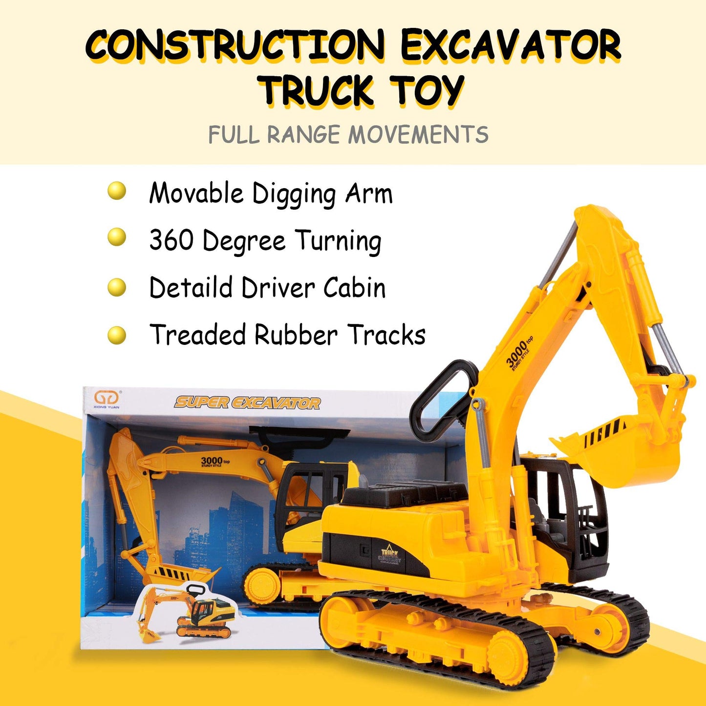 Liberty Imports 15" Oversized Construction Truck Toys for Kids – 1:22 Scale Friction Powered Vehicles with Realistic Moving Parts (Excavator)