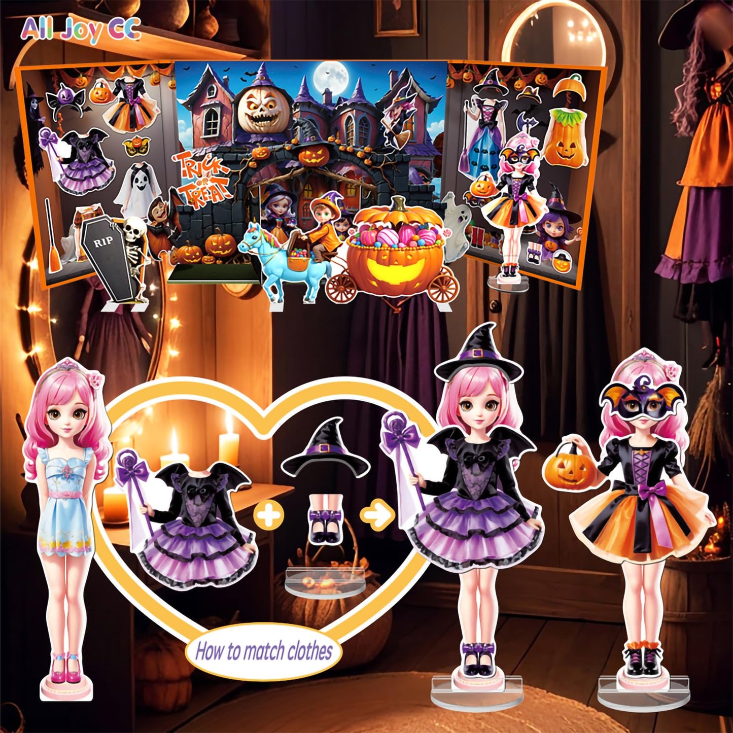 Halloween Magnetic Dress-Up Dolls for Kids โ Witch & Pumpkin Fairy Costumes with 3D Haunted House Scene, Travel Toy Gift Ages 3-7