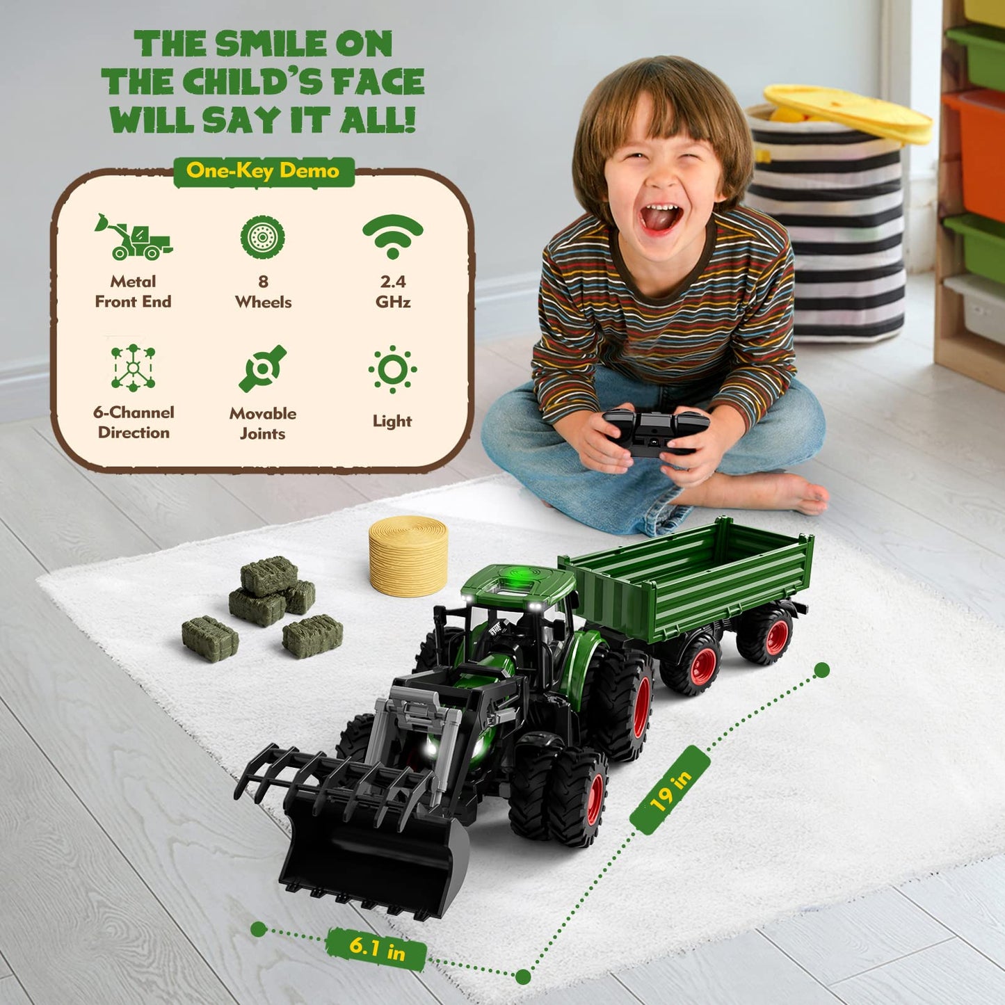 Uarzt RC Tractor Toy Set with Truck, Trailer & Front Loader, Metal 8-Wheel Vehicle with Lights – Farm Toy for Kids 3-9 Years Birthday Gift