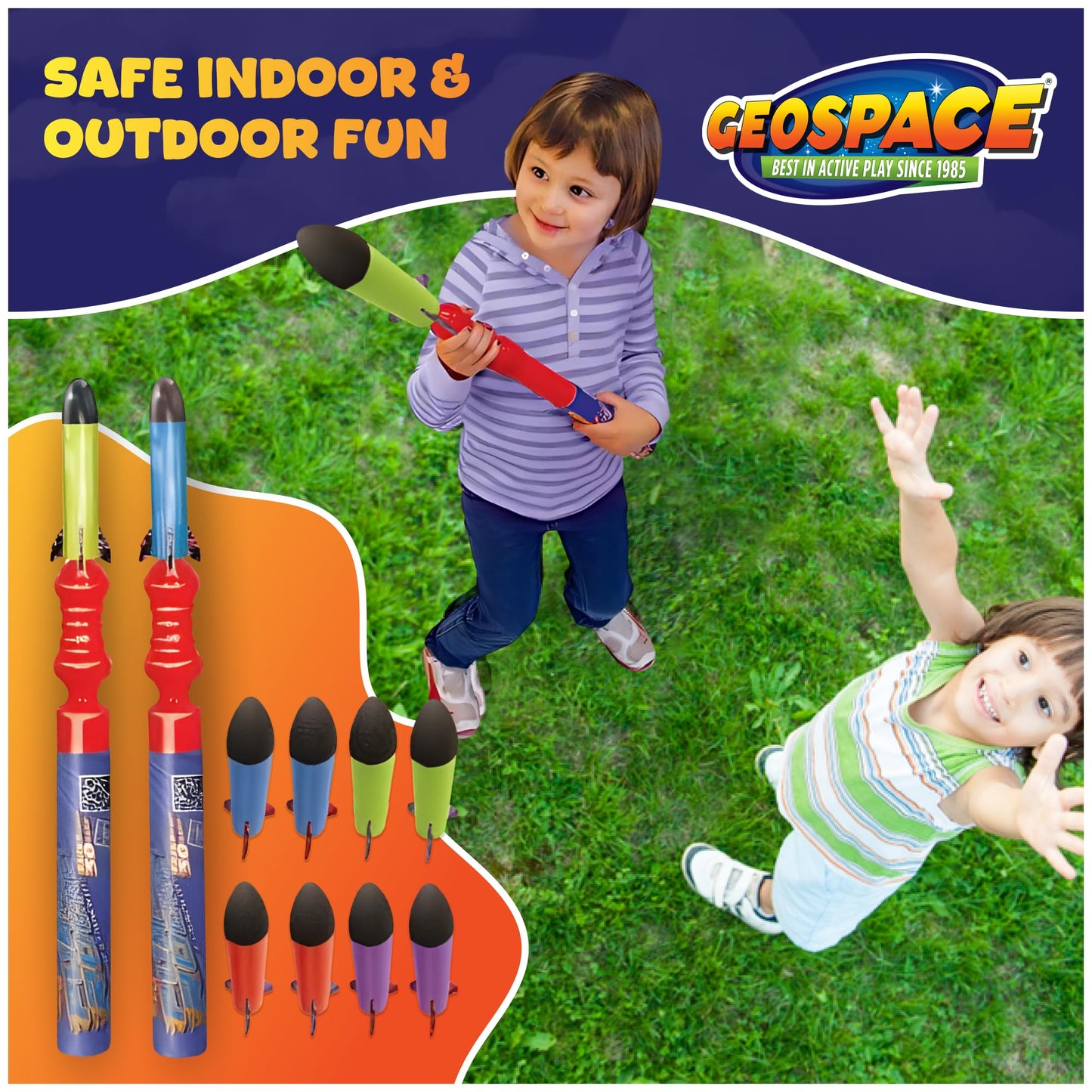 Geospace Handheld Pump Rocket Battle Pack – 2 Launchers & 10 Flying Foam Rockets, 19" Stomper Rocket Toy for Kids Boys & Girls