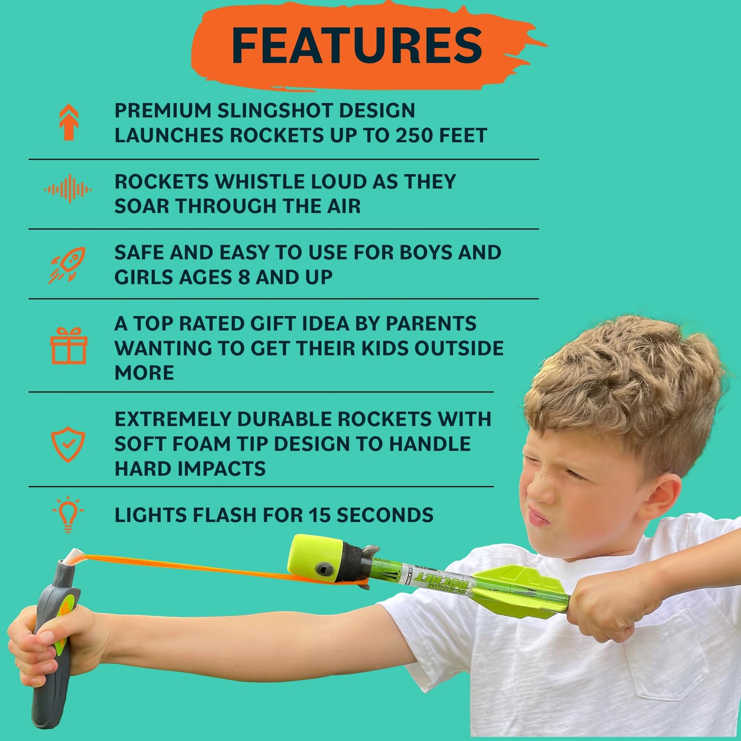 Light Up Foam Rocket Toys for Kids โ LED Slingshot Launcher with Lights & Sound, Outdoor Fun, Party Favors & Gifts for Ages 8+
