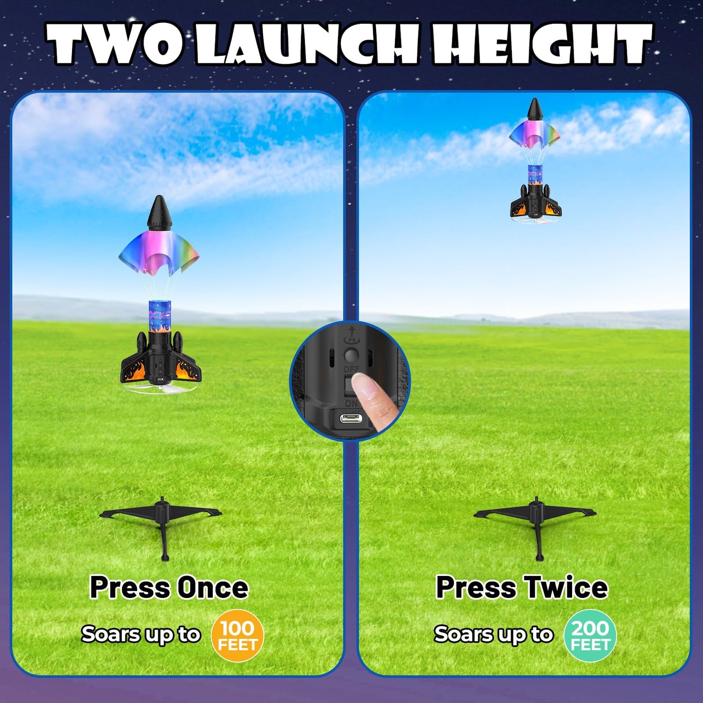 Rocket Launcher for Kids, 200ft Motorized LED Rocket Toy with Safety Parachute, Outdoor Fun Birthday Gift for Boys 8-12 (Orange)